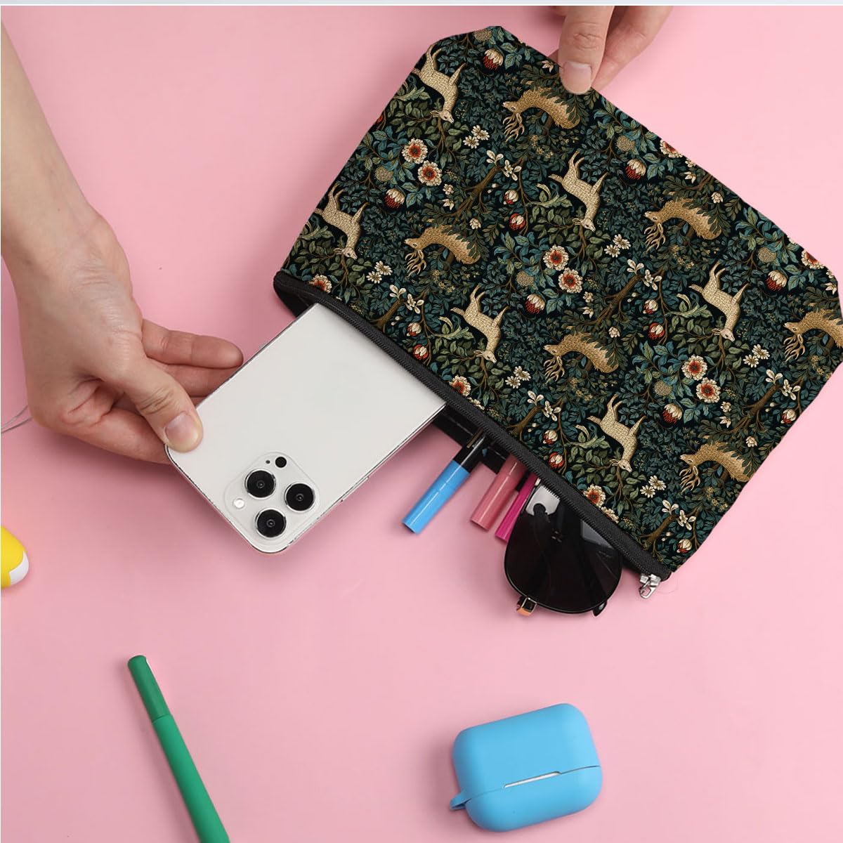Forest Deer Floral Makeup Bag - Waterproof Cosmetic & Toiletry Pouch for Women - Perfect Gift for Christmas, Birthday, Thanksgiving, Graduation - Ideal for Sister, Daughter, Teacher, Coworker & Boss Lady - Great for Travel, Gym & Daily Organizer