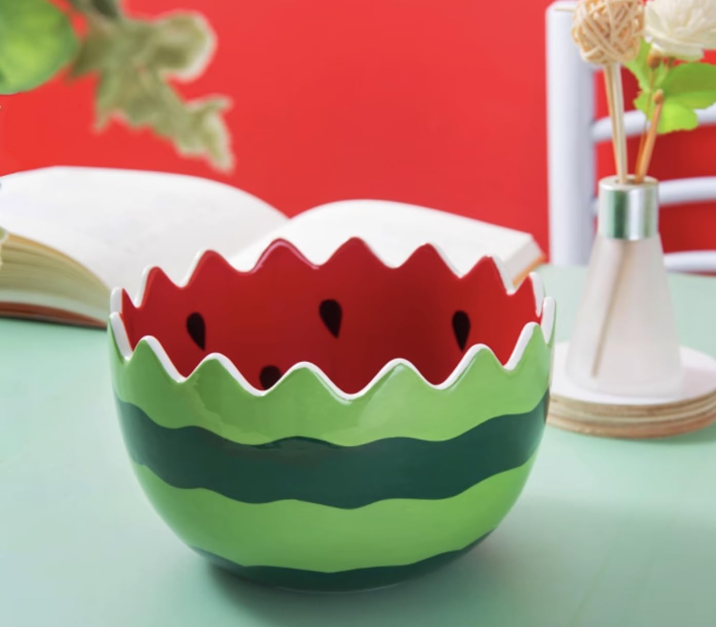 123Arts Hand-Painted Ceramic Watermelon Salad Bowl - 6.4 Inch Multifunctional Serving Dish for Noodles, Soup, Dessert & Fruit | Perfect for Kitchen, Dining & Party Entertaining