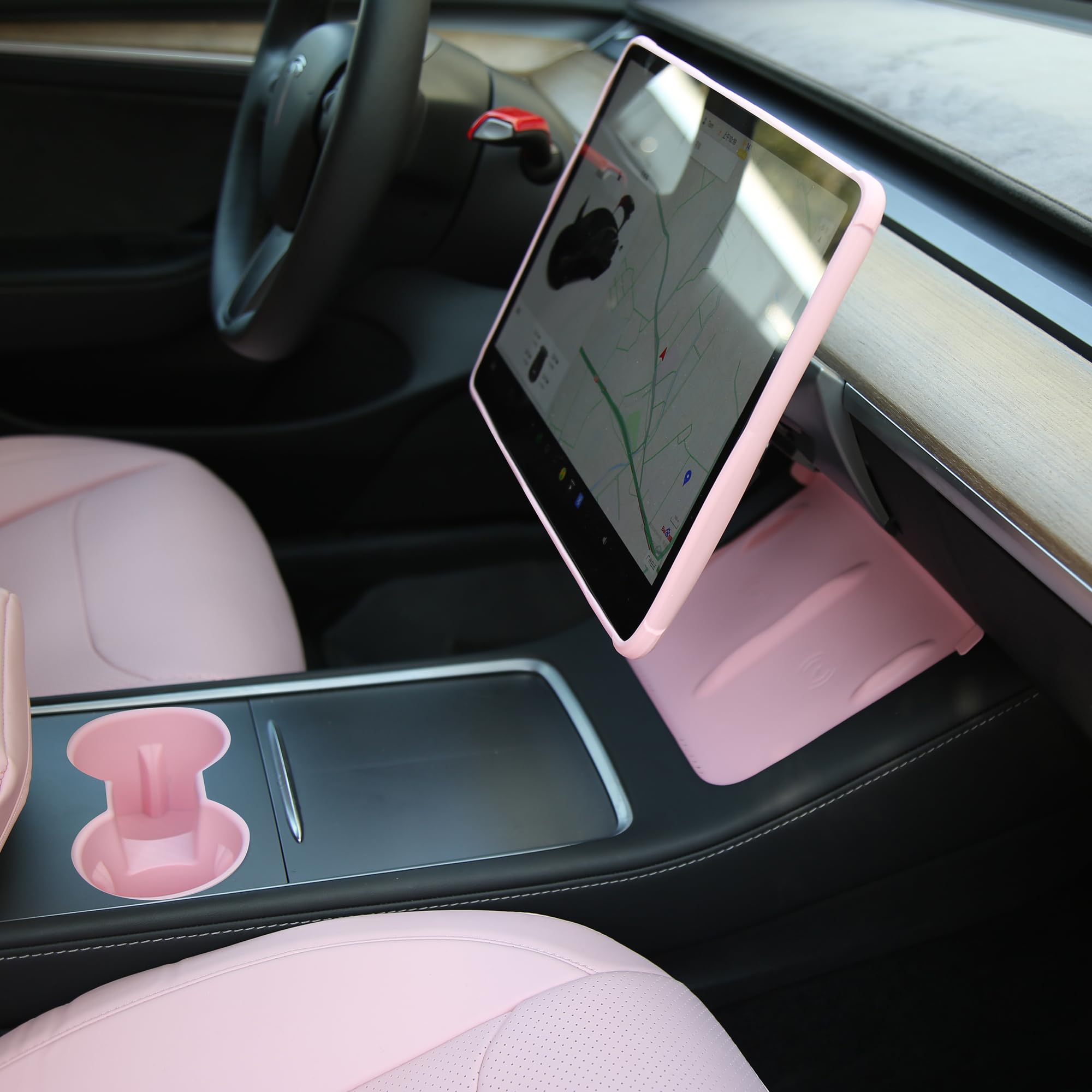 3PCS Tesla Model Y (2021-2024) & Model 3 (2021-2023) Center Console Organizer Set - Cup Holder Insert, Touchscreen Edge Protector, Anti-Slip Silicone Charging Mat in Pink | Interior Car Accessories for Organization & Phone Charging
