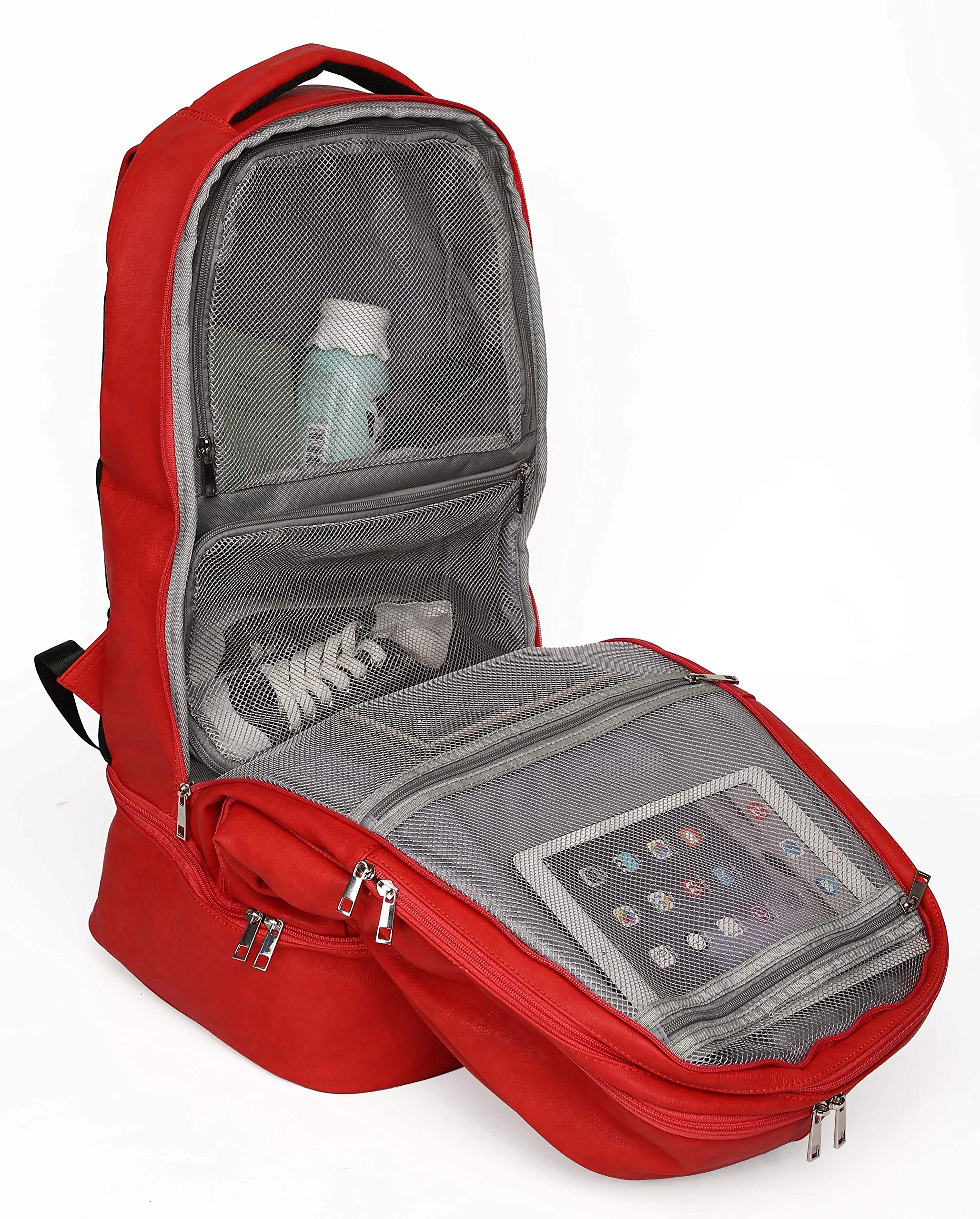 Premium Leather Travel Carry-On Bag with Shoe, Laptop & Clothes Compartments - Multi-Functional Duffle for Men & Women (Red) - Perfect for Business Trips, Gym & Weekend Getaways