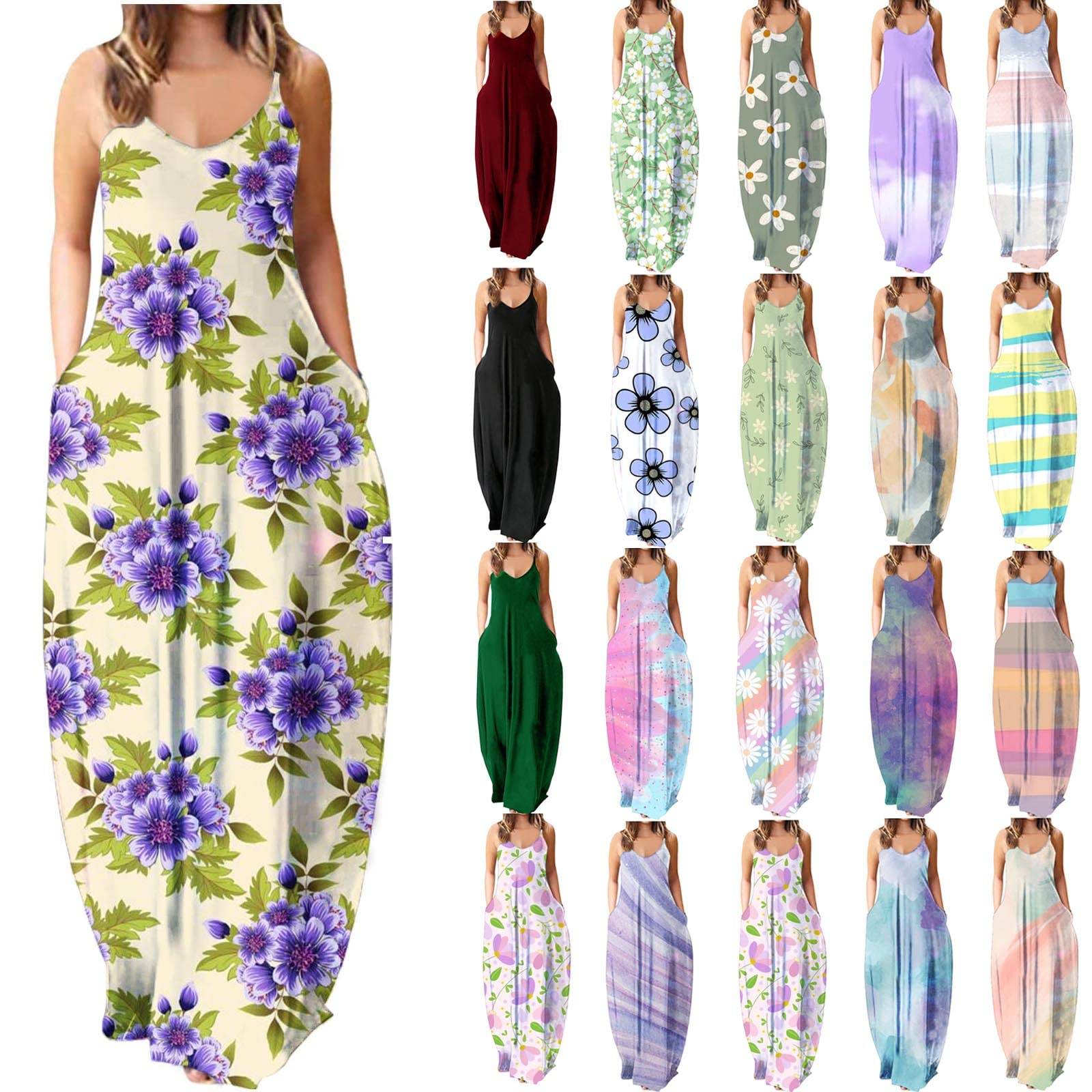 Plus Size Maxi Dress for Women - Sexy Sleeveless Spaghetti Strap V-Neck Boho Long Dress with Pockets | Casual Summer Beach Wedding Party Dress