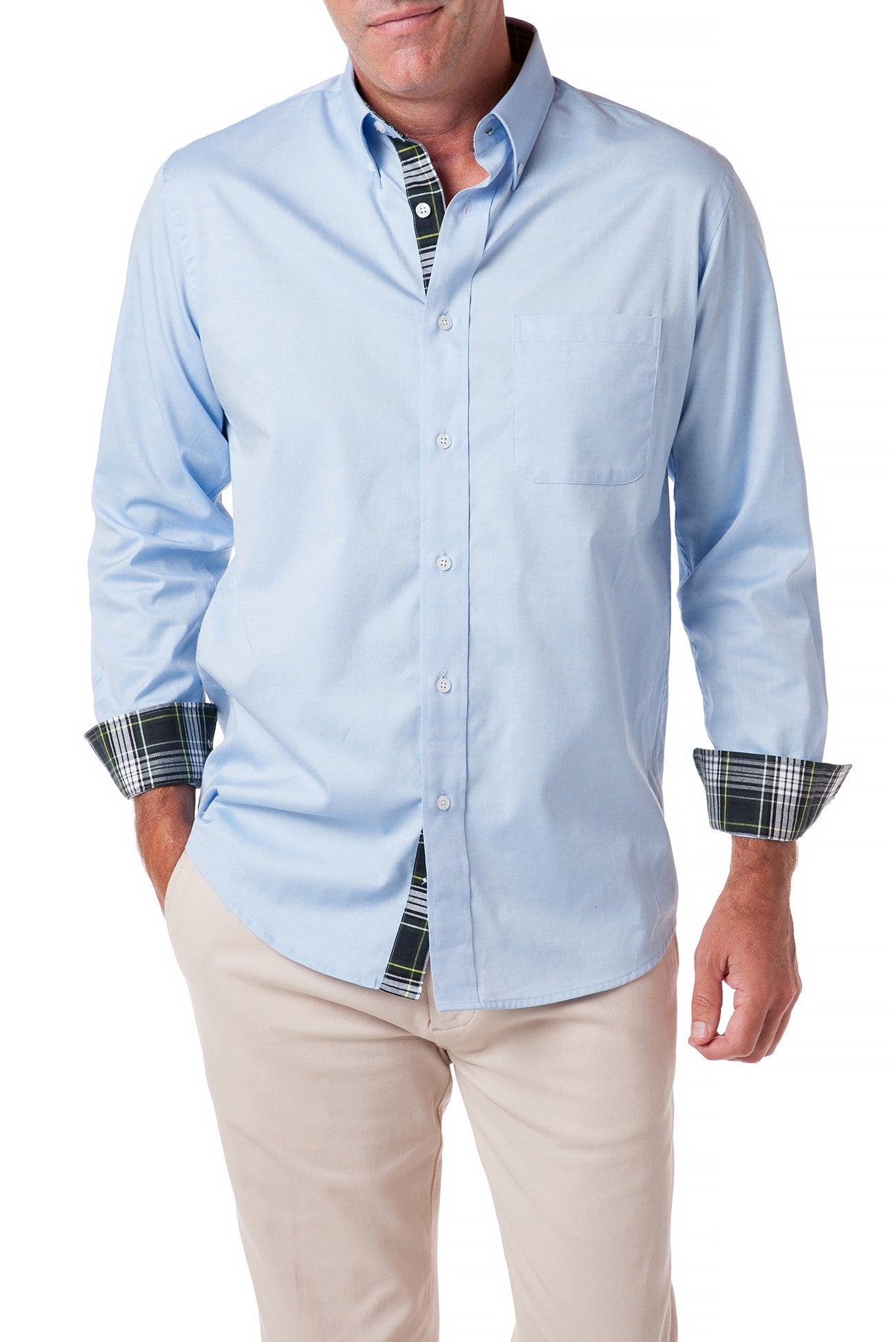 Men's Blue Oxford Chase Shirt with Gordon Plaid Trim - Classic Casual Button Down for Work, Office & Everyday Wear