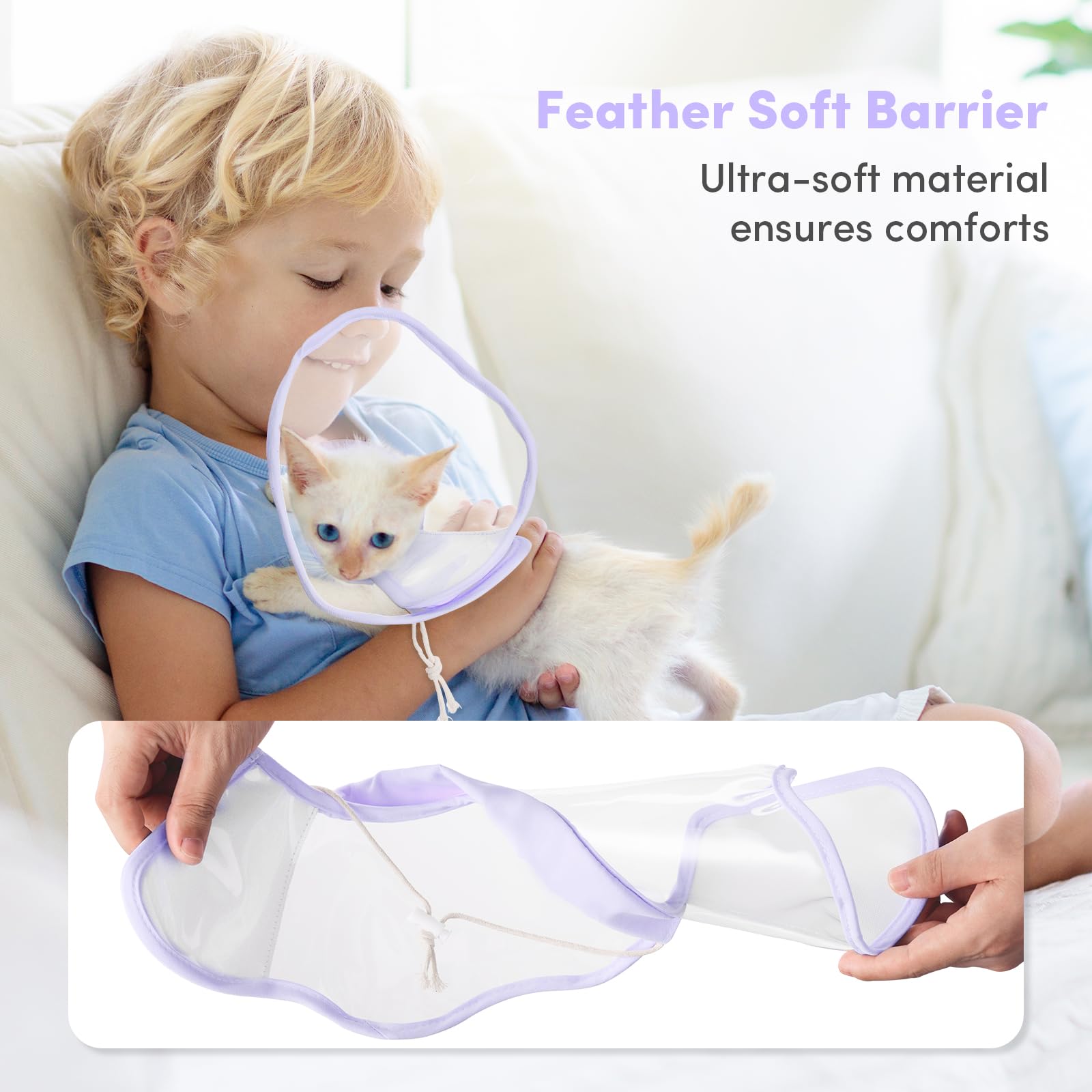 BENCMATE Soft Cat Cone Collar - Low Noise Fasteners, Transparent Pet Recovery Collar for Licking & Scratching Protection - Extra Soft Post-Surgery E-Collar (Purple, Small) | Ideal for Wound Healing After Spay/Neuter Surgery