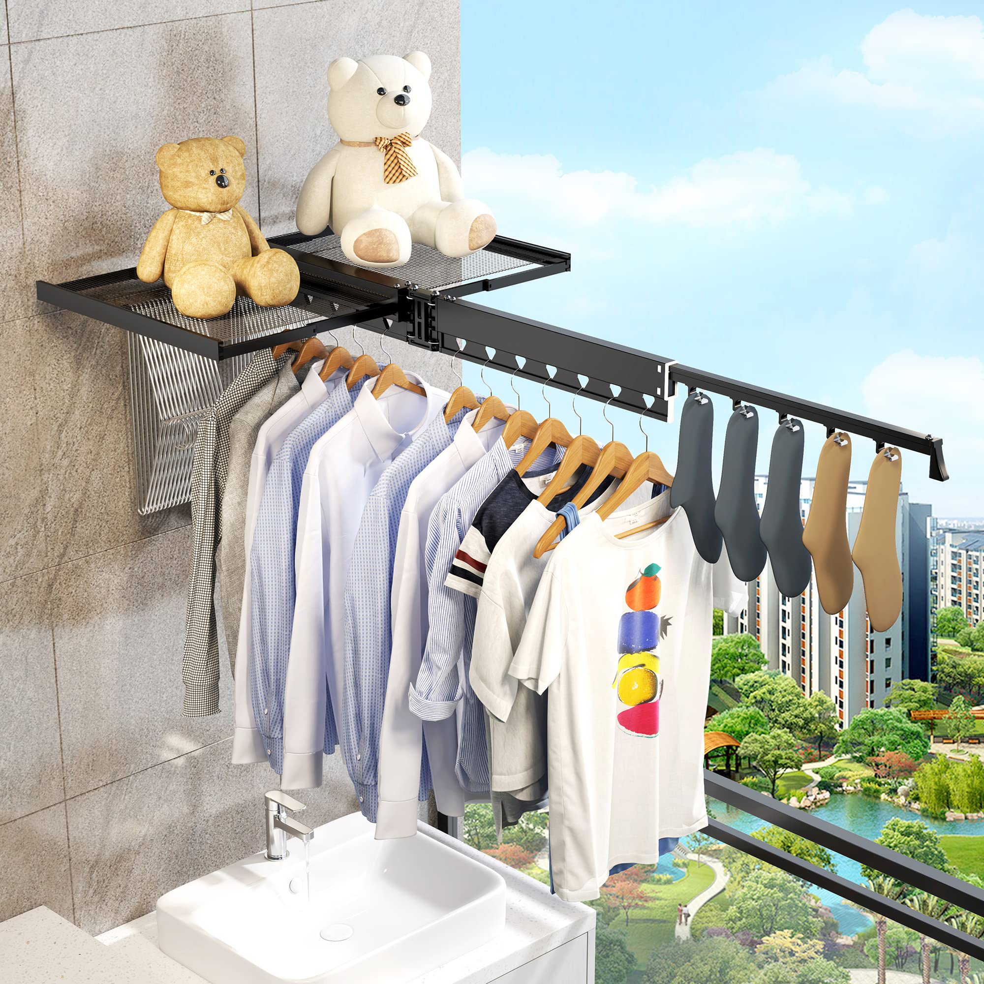 HEILAIYI Folding Wall Mounted Drying Rack with Net - Space Saving Laundry Solution for Small Apartments
