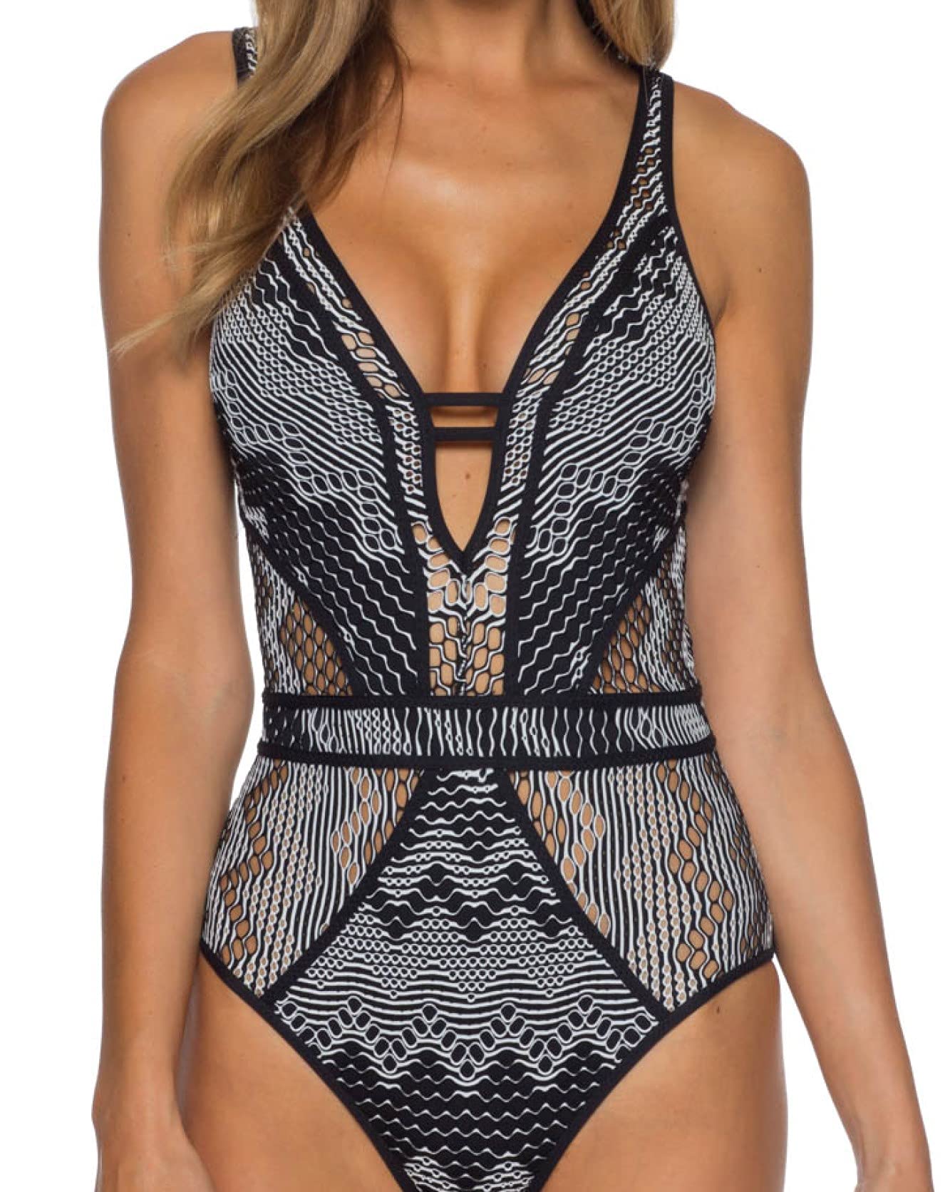 Becca by Rebecca Virtue Show & Tell Crochet Plunge One Piece Swimsuit for Women - Sexy Black XS Bathing Suit | Perfect for Beach Vacations, Pool Parties & Summer Getaways