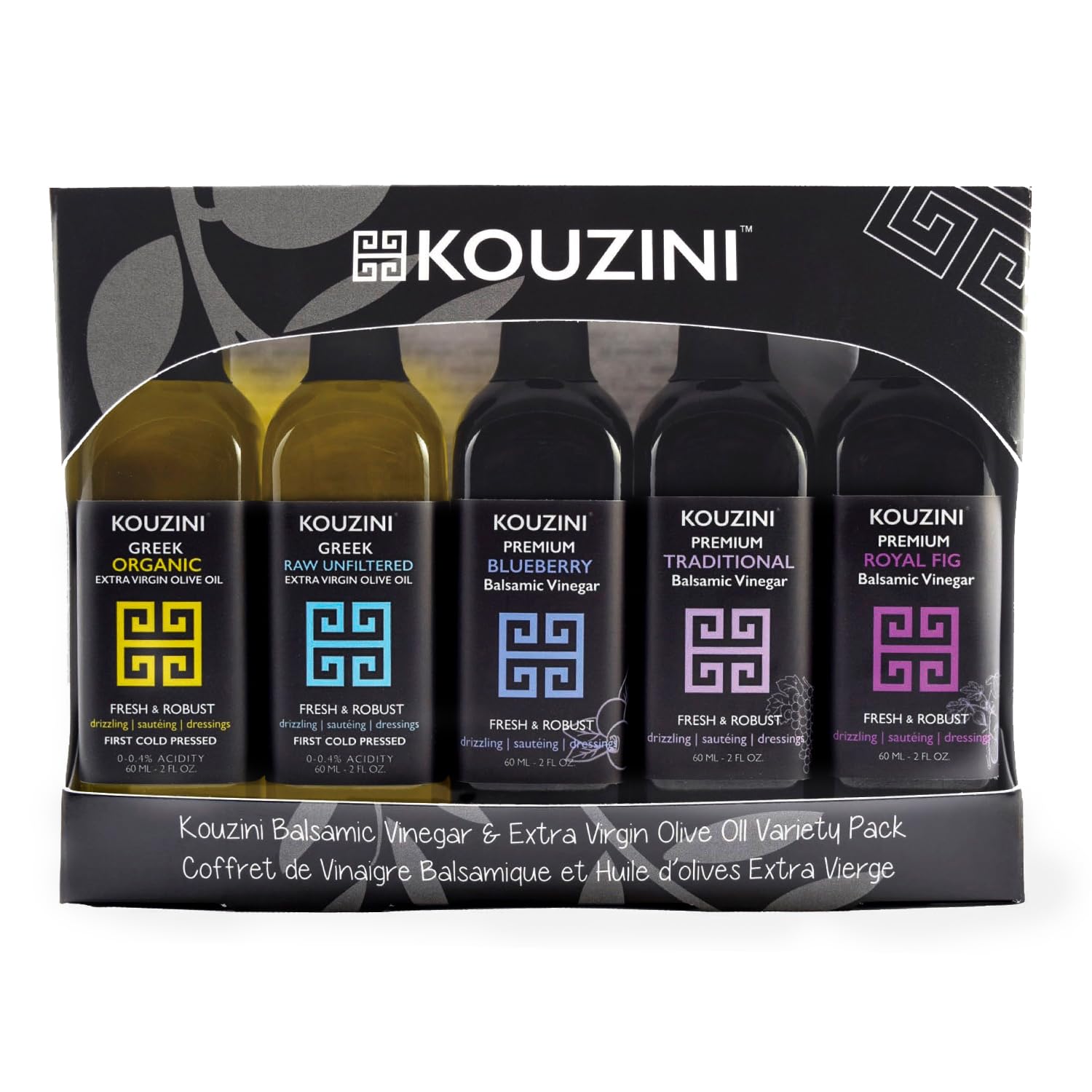 Premium Greek Extra Virgin Olive Oil & Balsamic Vinegar Gift Set - 2 Olive Oil Bottles + 3 Balsamic Vinegars (60ml Each) - Ideal for Salad Dressings, Gourmet Cooking & Kitchen Refills - Pack of 5