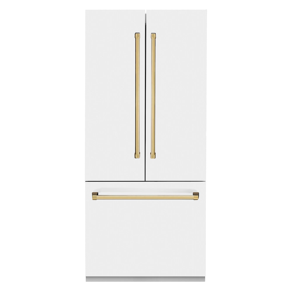 ZLINE Autograph Edition 36 Inch 19.6 Cu Ft French Door Built-In Bottom Freezer Refrigerator with Water Dispenser & Ice Maker - White Matte Finish with Polished Gold Accents (RBIVZ WM 36 G) | Premium Kitchen Appliance for Modern Homes & Luxury Condos