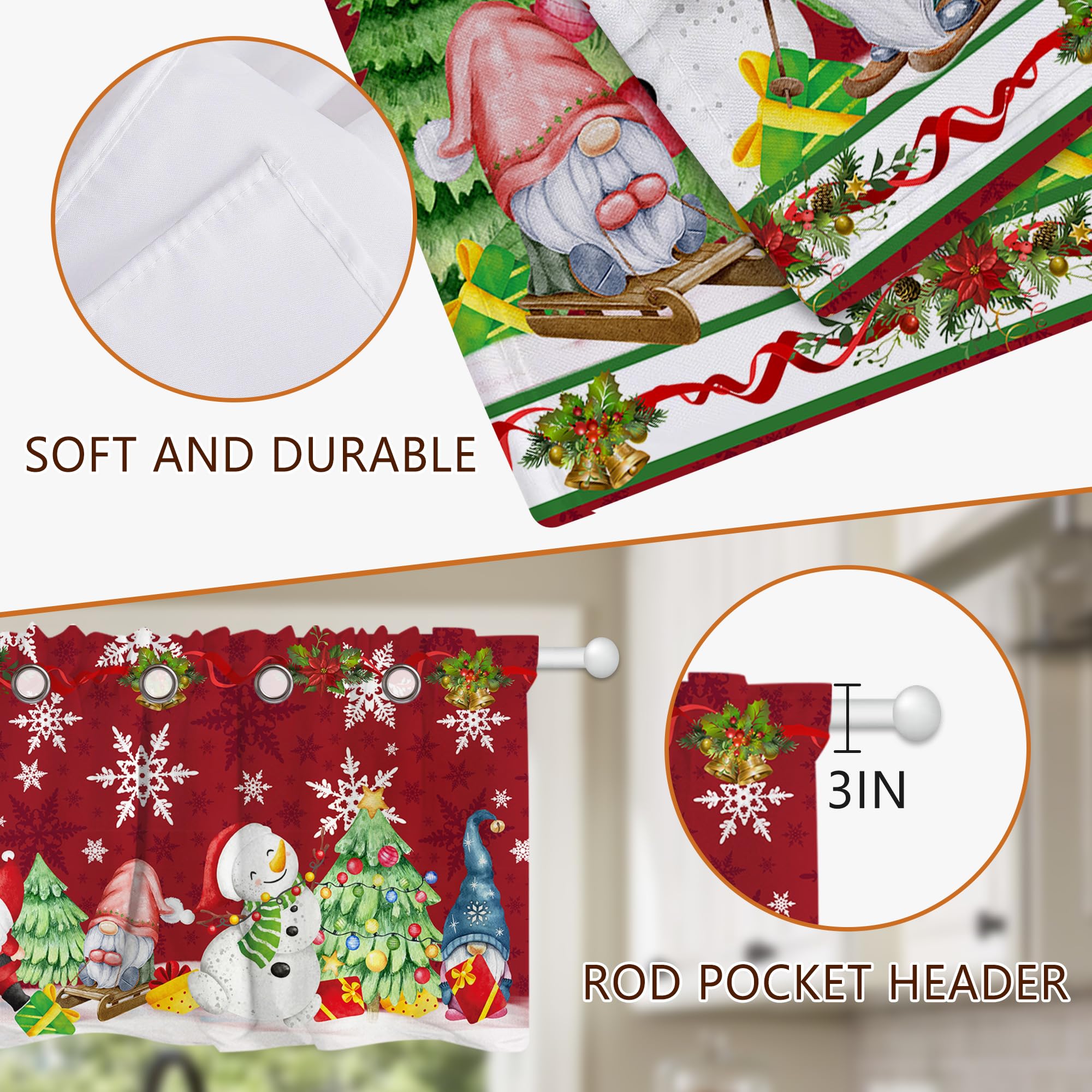 Christmas Kitchen Curtains Set of 3 - Festive Tree, Gnome & Snowflake Design with Valances, 36 Inch Short Window Curtains for Holiday Decor | Perfect for Winter Kitchen, Dining Room & Farmhouse Style Windows