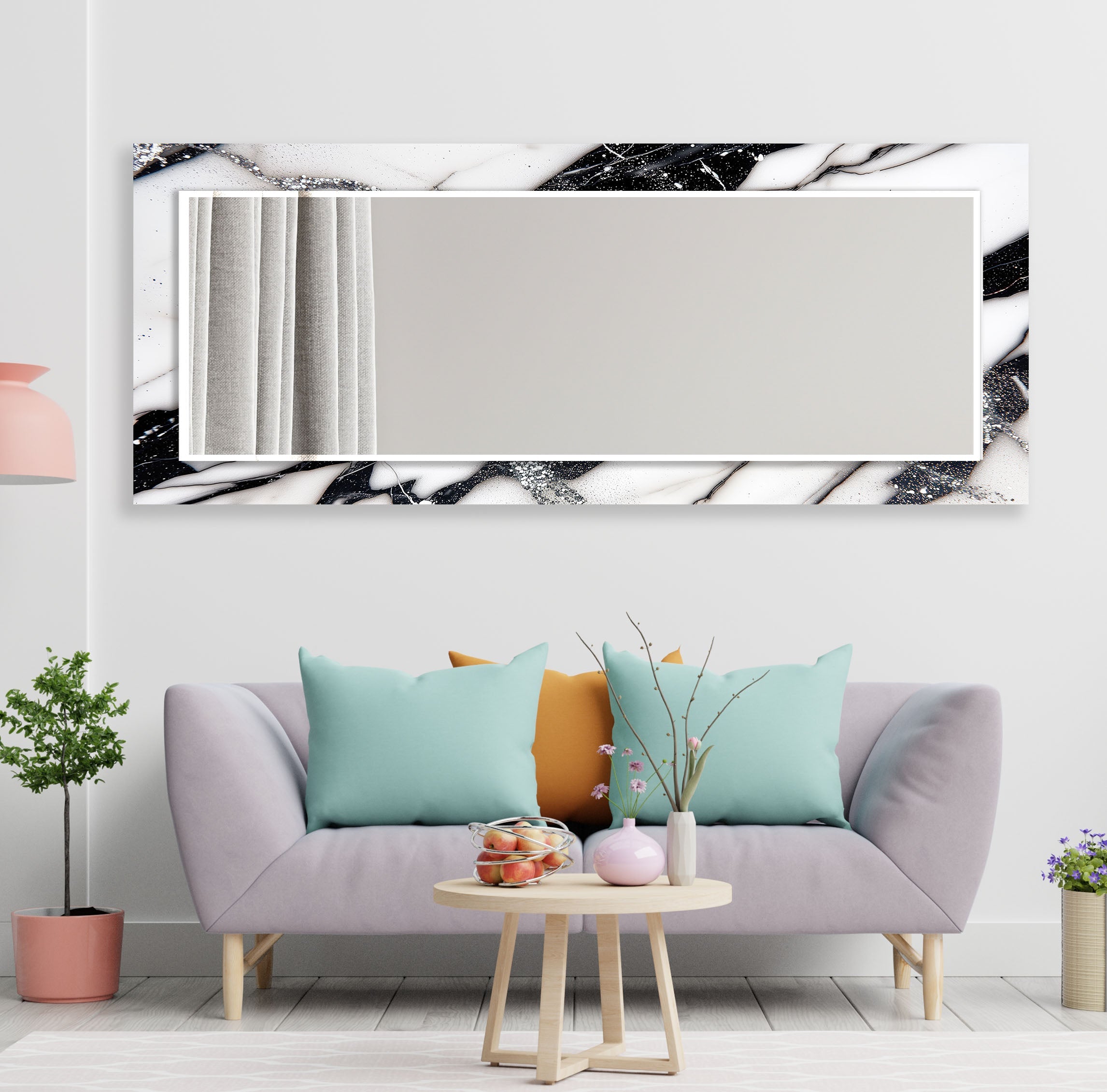 Elegant Black and White Marble Wall Mirror - Modern Home Decor for Living Room, Bedroom, or Entryway