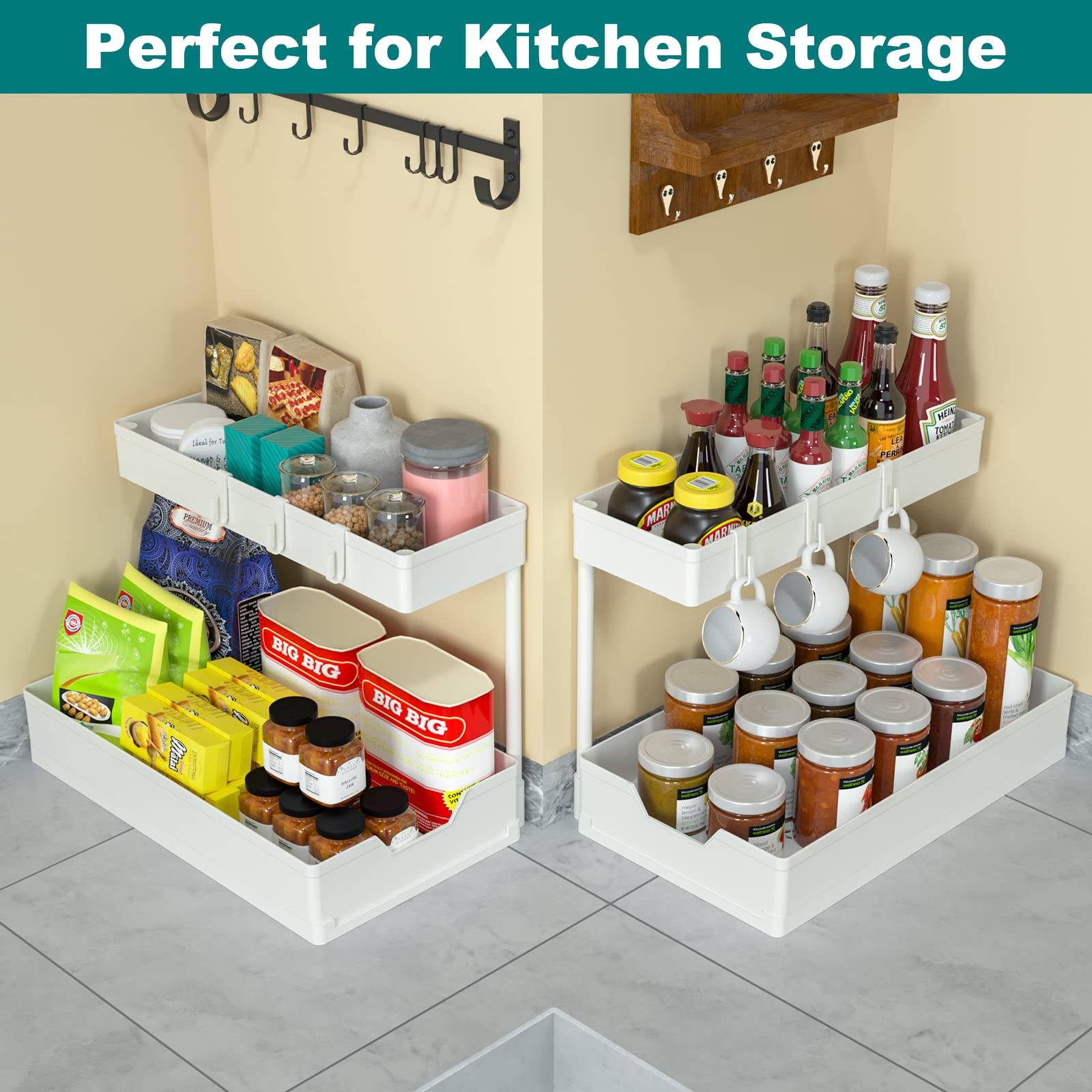 2-Tier Under Sink Organizer Set - 2 Pack Sliding L-Shaped Cabinet Storage for Kitchen & Bathroom - Space Saving Drawer Organizer for Narrow Spaces (White) - Perfect for Small Apartments & Cluttered Cabinets
