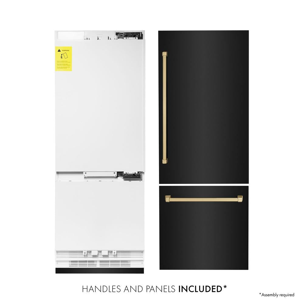 ZLINE Autograph Edition 30 Inch Built-In Bottom Freezer Refrigerator - 16.1 cu ft Capacity, Black Stainless Steel with Champagne Bronze Accents, Water Dispenser & Ice Maker - Perfect for Modern Kitchens, Open Concept Homes & Luxury Appliances Collection (RBIVZ BS 30 CB)