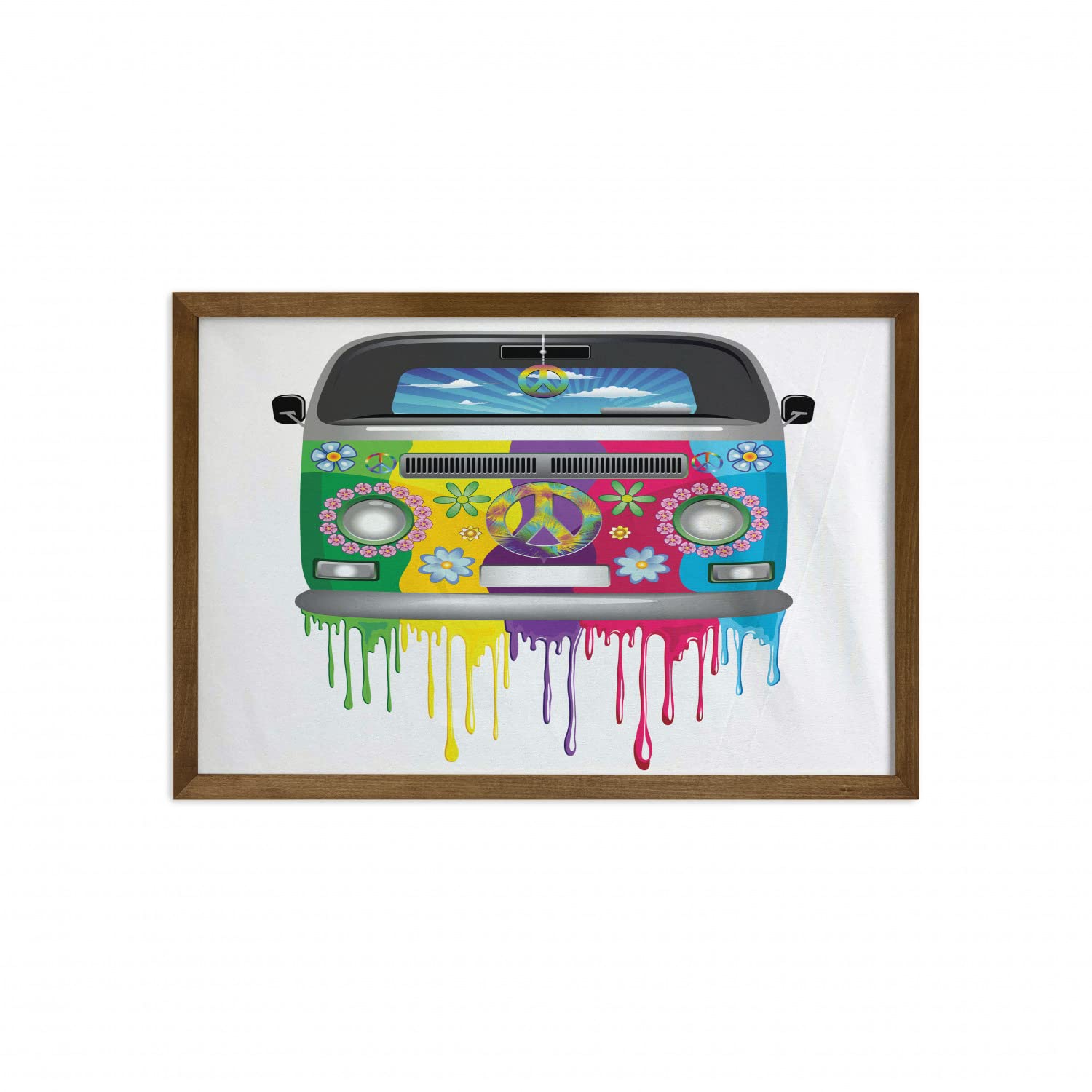 Ambesonne Groovy Framed Wall Art - Hippie Van with Rainbow Paint, Vintage Pop Culture & Travel Theme - Fabric Wall Decor with Teak Wood Frame for Home & Dorm - 23x35 Inches Grey Multicolor - Perfect for Bohemian, Retro & Hippie Style Room Decor