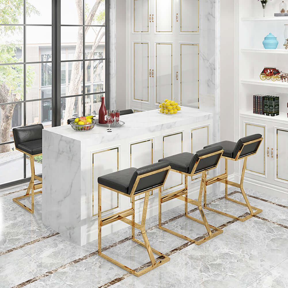 White PU Leather Bar Stool with Gold Legs & Footrest - Modern Counter Height Stool for Kitchen Island, Breakfast Bar & Home Decor