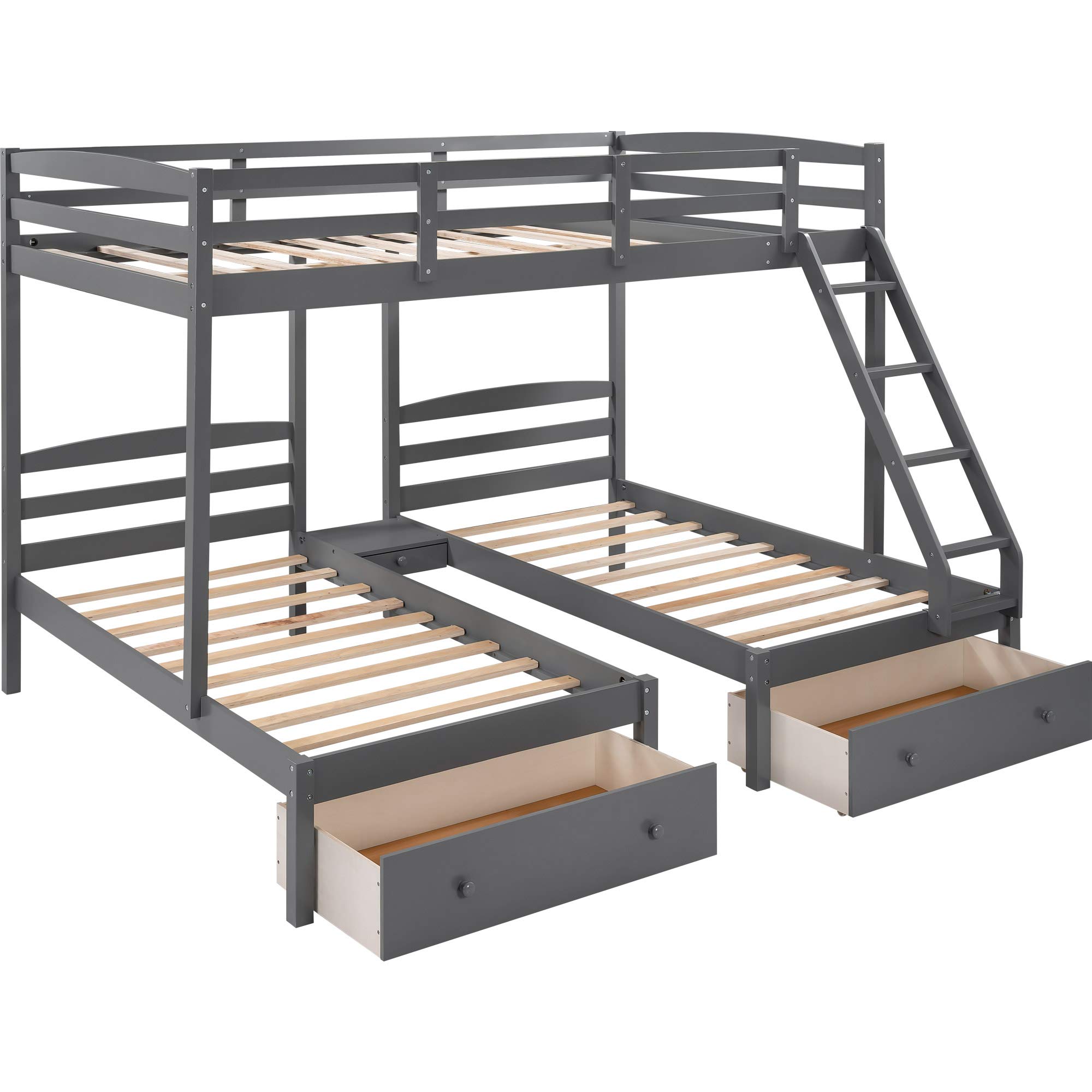 SOFTSEA Full Over Twin & Twin L-Shaped Triple Bunk Bed - 3 Beds in 1 Space-Saving Solution for Kids, Teens & Adults (Grey with Drawers) - Perfect for Small Bedrooms, Guest Rooms & Vacation Homes