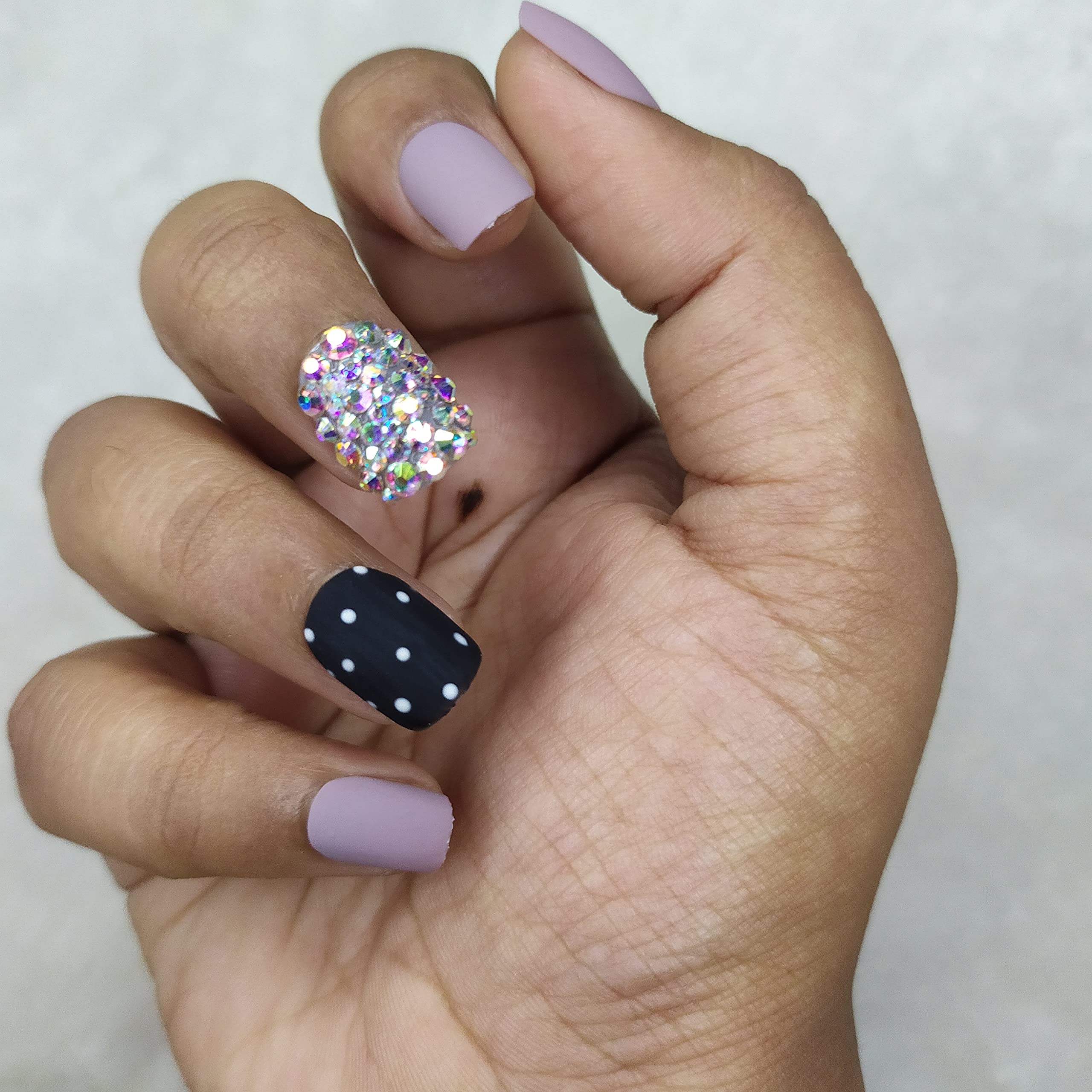 Matte Mauve Press On Nails with White Dots & Studs - Square Fake Nails Set of 12 with Full Application Kit | Perfect for Parties, Weddings & Special Occasions