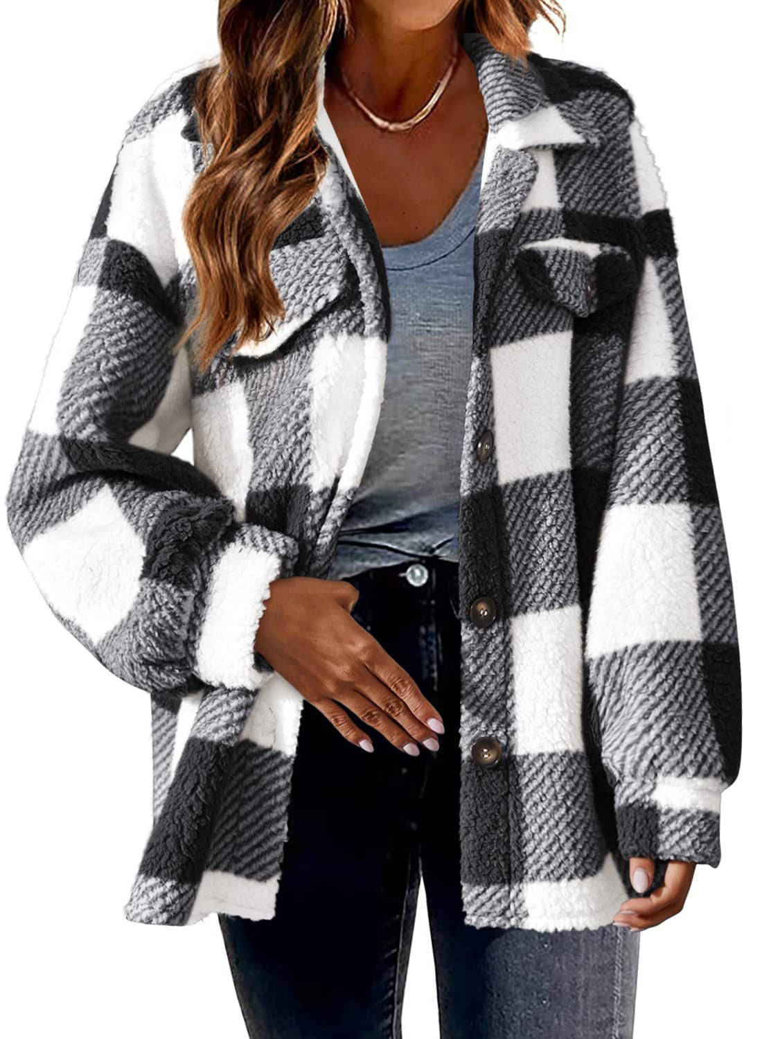 Women's Wool Plaid Jacket with Turn-Down Collar & Pockets - Single Breasted Button Down Coat for Autumn & Winter - Perfect for Office, Casual Outings & Outdoor Activities