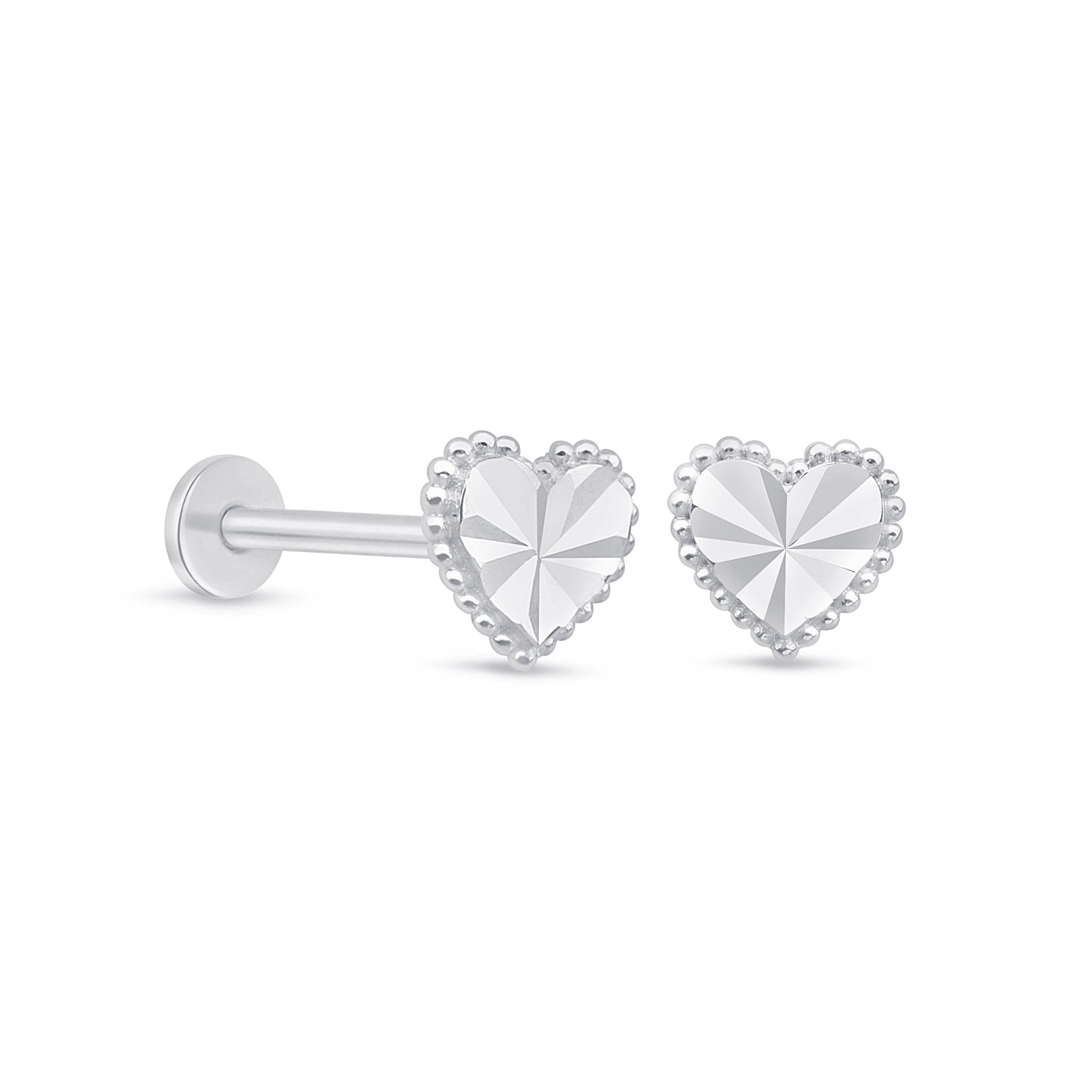 14K White Gold Diamond-Cut Heart Stud Earrings - Flat Back for Secure Fit | Perfect for Valentine's Day, Anniversary Gifts & Everyday Elegance