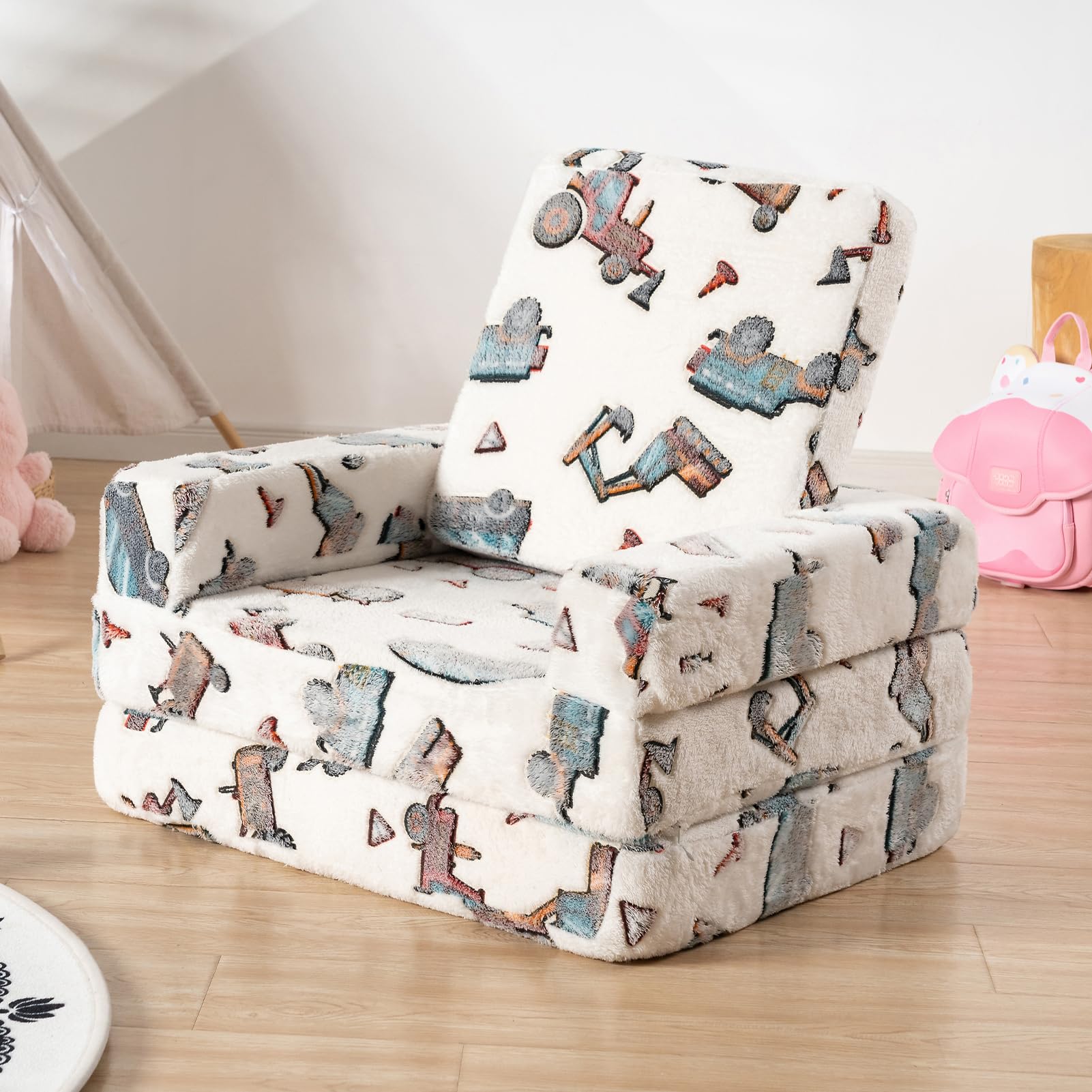 MAXYOYO 2-in-1 Toddler Couch & Kids Folding Sofa - Glow in The Dark Children's Furniture with White Car Design - Perfect Gift for Boys & Girls - Ideal for Playroom, Bedroom or Nursery Decor