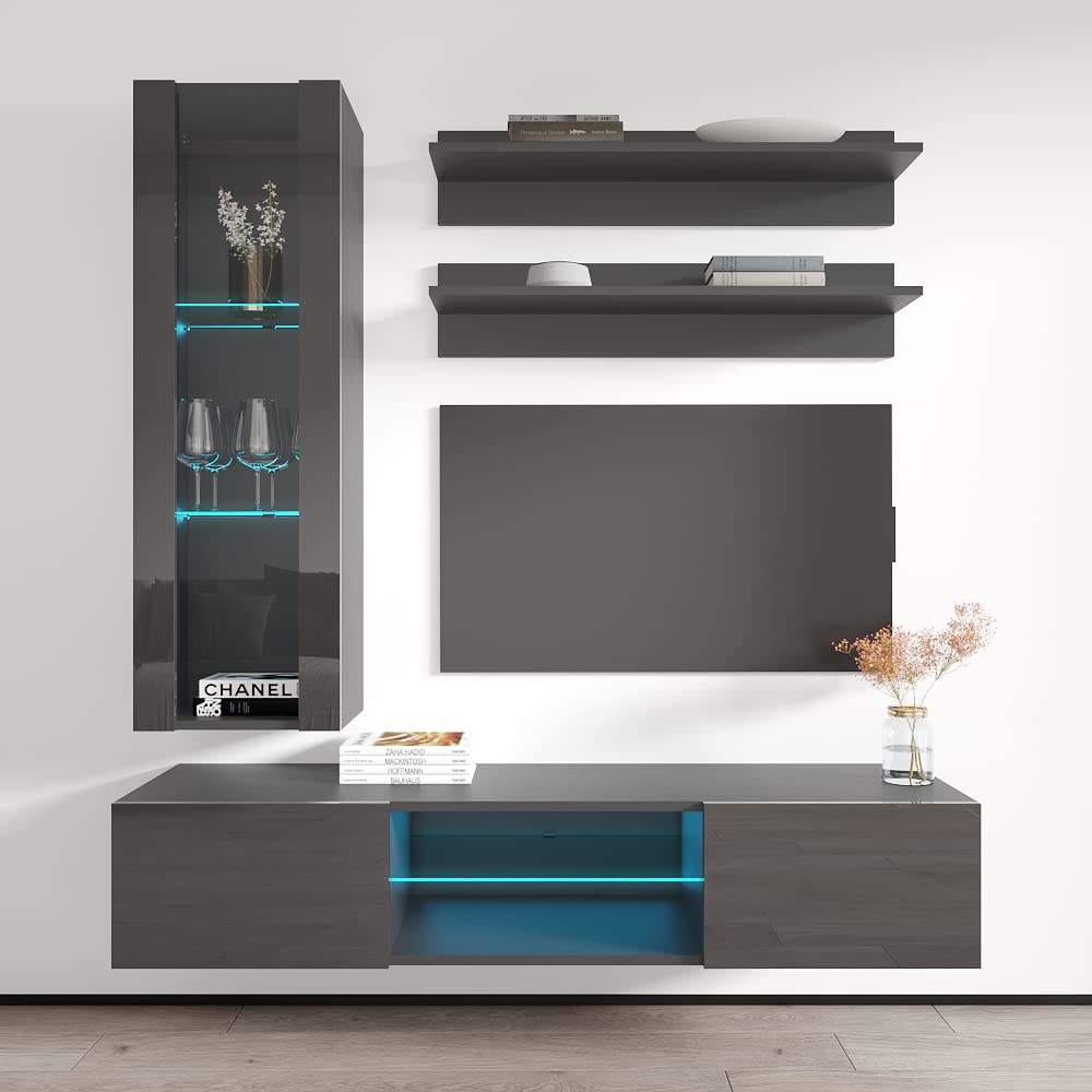 Modern Wall-Mounted TV Stand with Storage Shelves & LED Lights - H33 Entertainment Center Console for Living Room & Bedroom - Space-Saving Gray TV Cabinet for Flat Screens up to 65