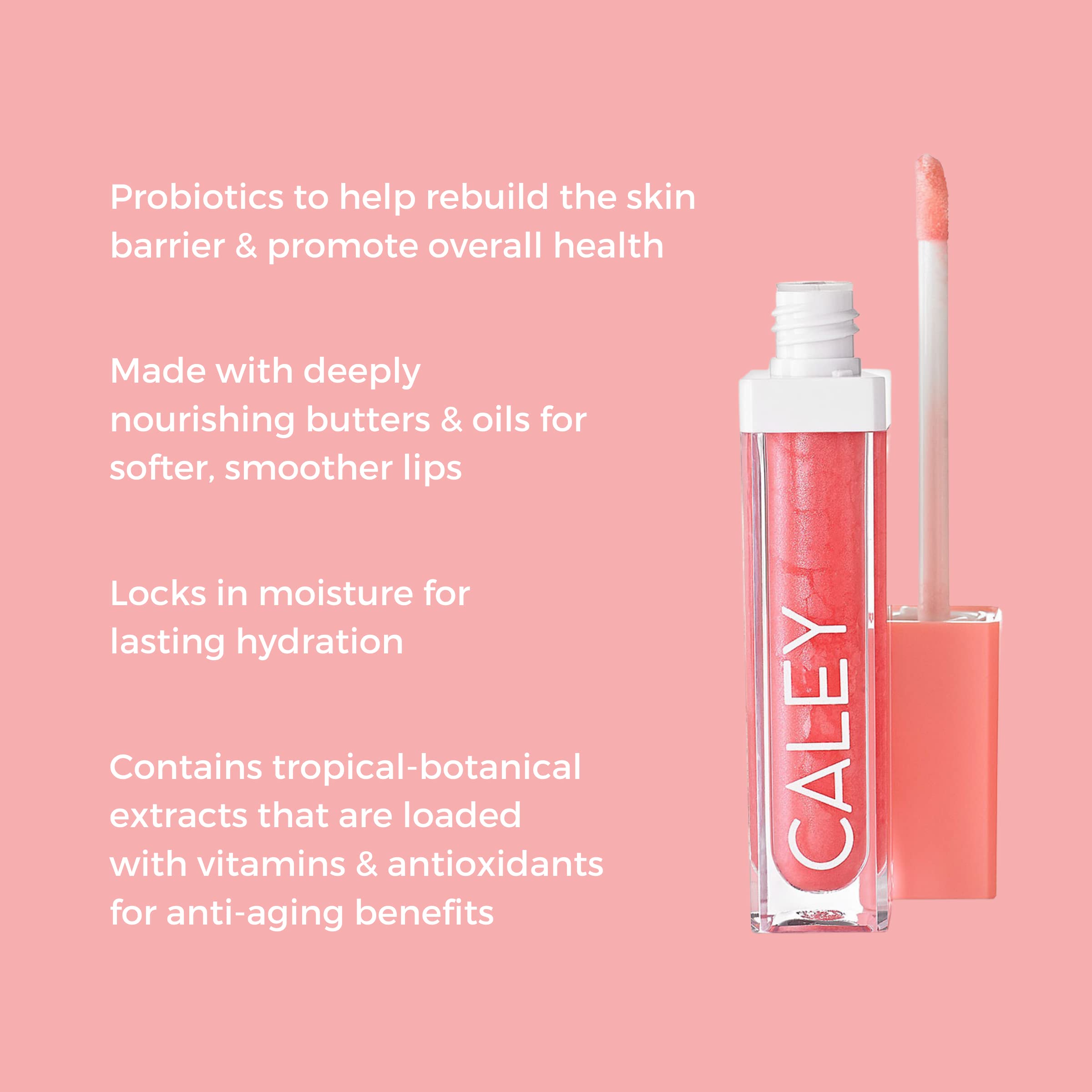 Caley Cosmetics Probiotic Lip Oil Gloss - Hydrating & Nourishing Lip Treatment with Natural Oils, Island Blossom Scent | Perfect for Daily Moisture & Nighttime Lip Care