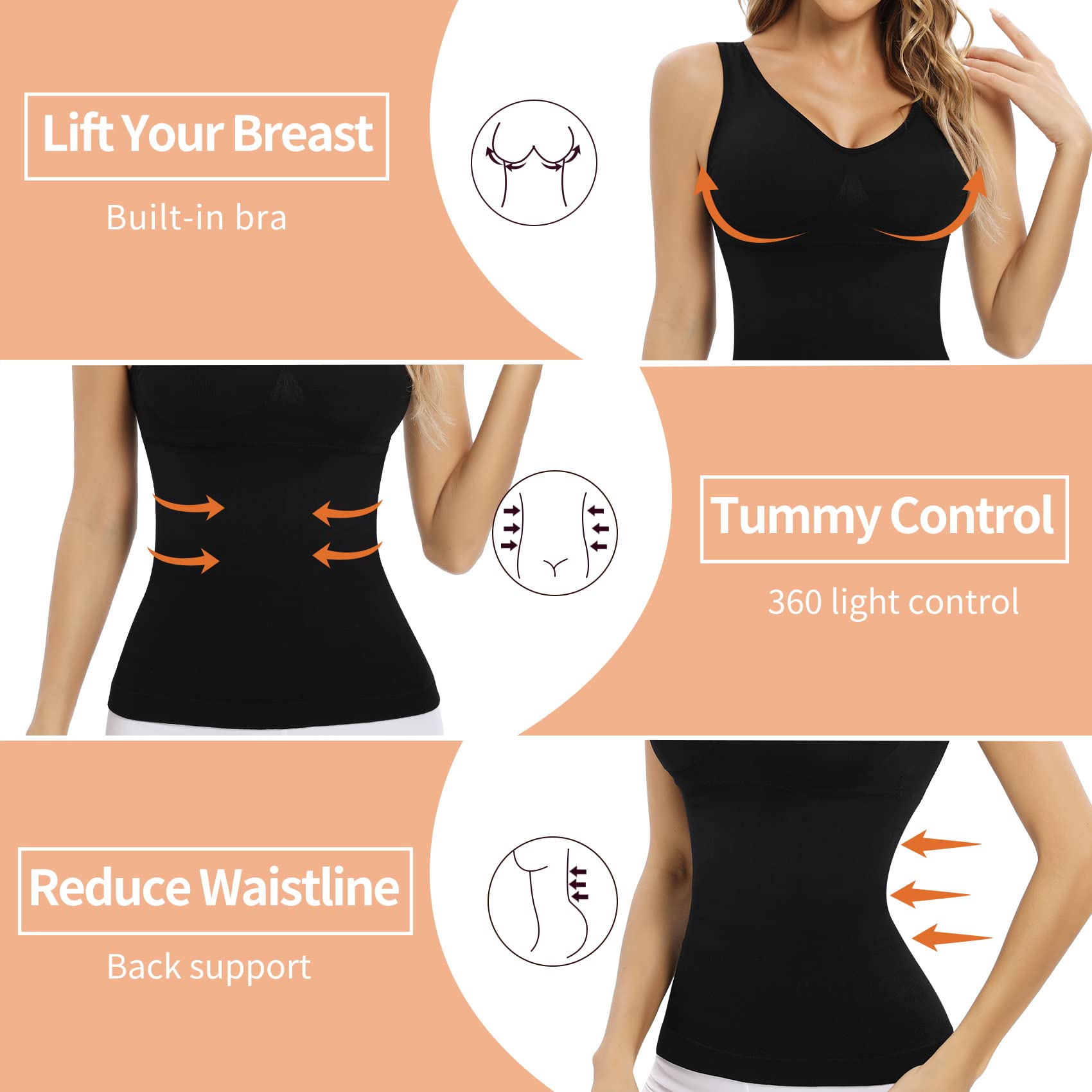 Women's Seamless Camisole with Built-in Bra & Tummy Control - Padded Shapewear Tank Top for Everyday Wear, Workout & Layering - White