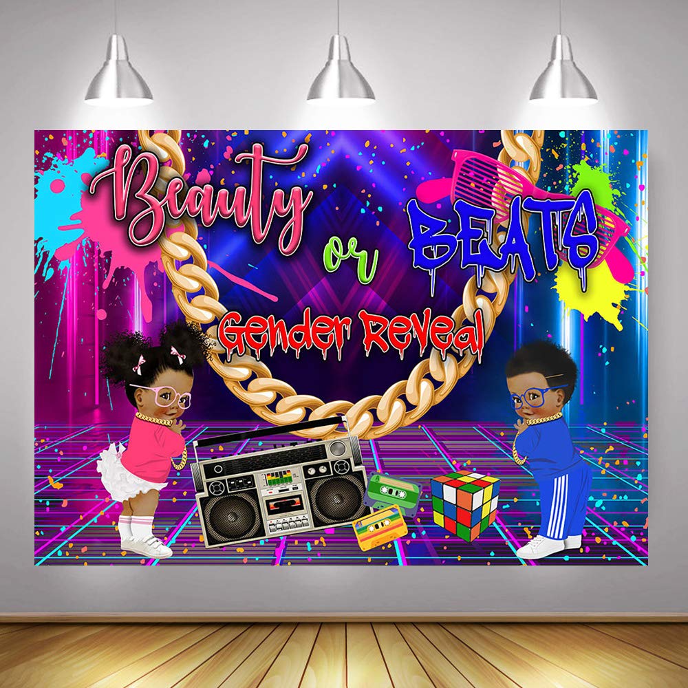 Retro Neon Disco Radio Gender Reveal Backdrop - 7x5ft (82x60 inch) Hip Hop Themed Baby Shower Decor for Boy or Girl Party - Perfect for Gender Reveal Events, Baby Showers, and Themed Birthday Parties