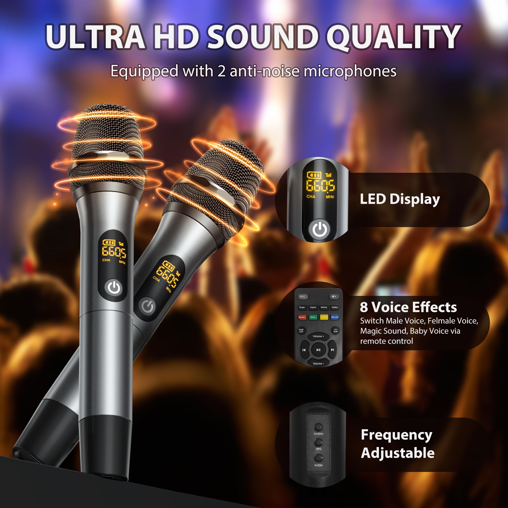 JYX Portable Bluetooth Karaoke Machine with 2 Wireless Microphones - PA System with Bass/Treble Control, TV/Bluetooth/USB/TF/AUX Connectivity for Home Parties, Outdoor Gatherings & Family Entertainment