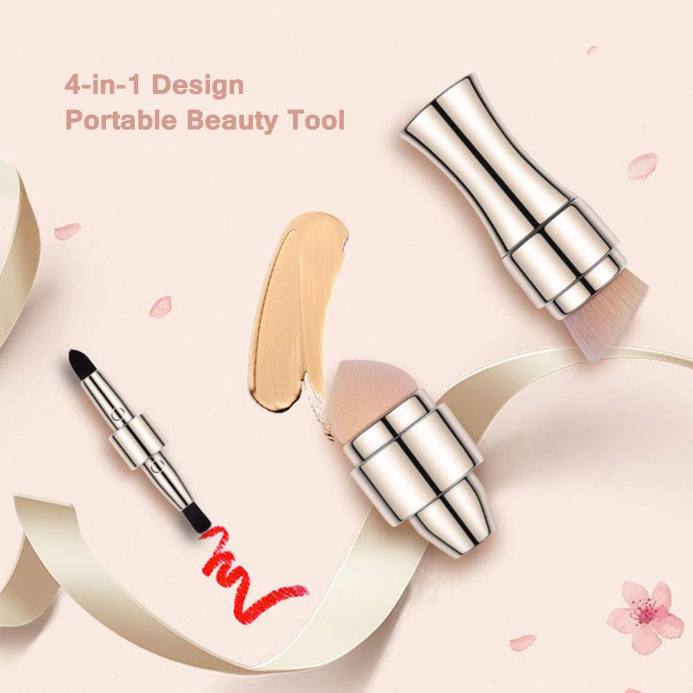 4 in 1 Retractable Cosmetic Brushes Set - Portable Foundation, Blush, Smudge & Lip Brush for Contouring & Makeup | Compact Travel Makeup Kit for On-the-Go Beauty Touch Ups