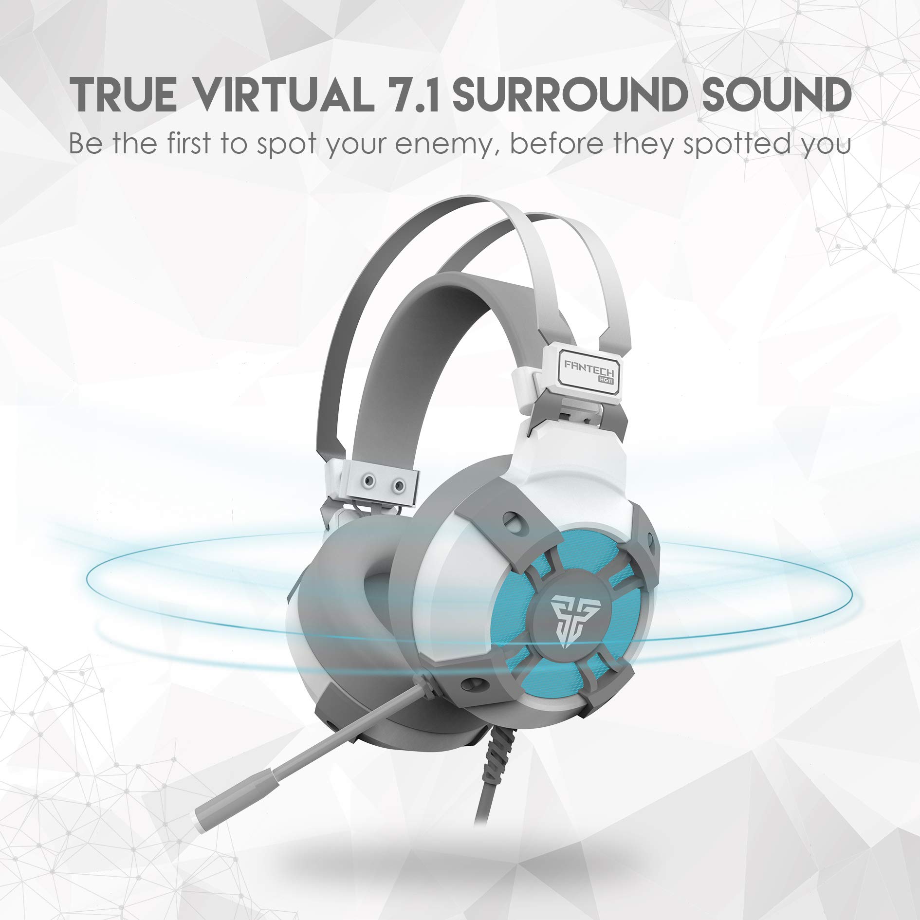 FANTECH USB RGB Gaming Headset with Stand - 7.1 Surround Sound Over-Ear Headphones with Mic & Hanger - 50mm Drivers, DTS Digital - White - Perfect for PC Gaming, Streaming & Office Work