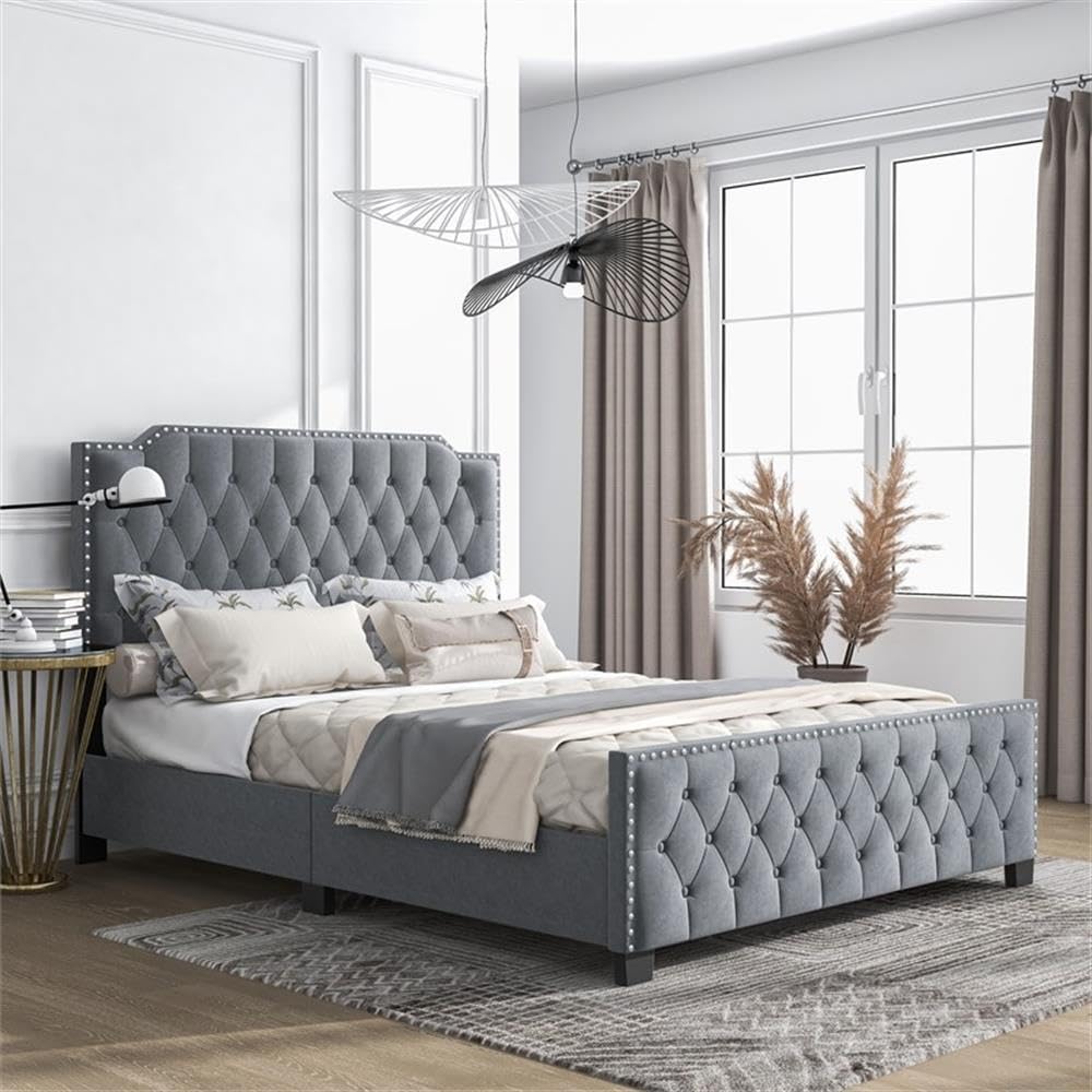 Furniture of America Chetana Light Gray Full Tufted Upholstered Wood Bed Frame - Queen Size Platform Bed with Upholstered Headboard - Perfect for Modern Bedroom, Guest Room & Master Suite Decor