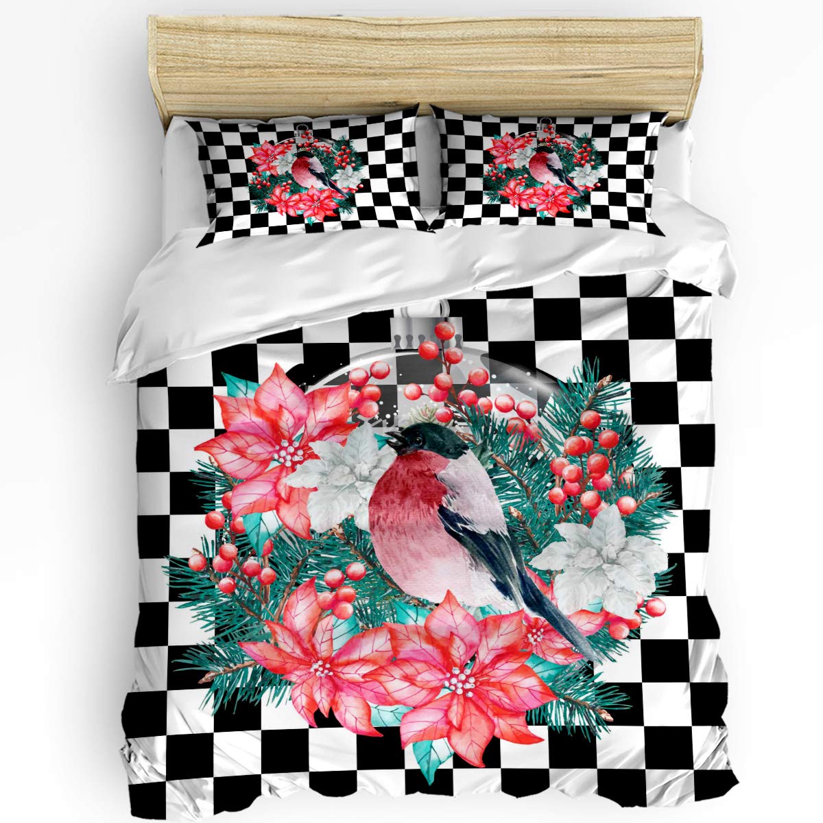 Black White Checkered 3-Piece Bedding Set - California King Comforter & Quilt Cover with 2 Pillow Shams - Christmas Floral Wreath Mockingbird Duvet Cover - Soft & Cozy for Kids, Teens, Adults & Toddlers - Perfect for Holiday Decor, Guest Rooms & Cozy Winter Nights