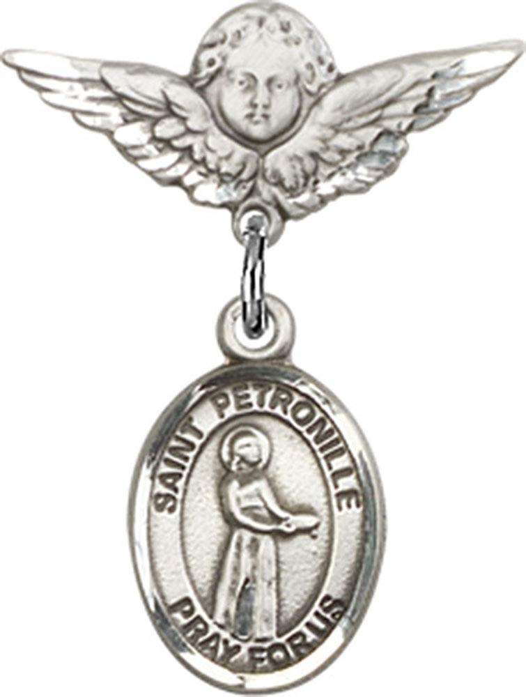 Sterling Silver Baby Badge with St. Petronille Charm & Angel Wing Pin - Handmade in USA - Perfect for Christening, Baptism & First Communion Gifts