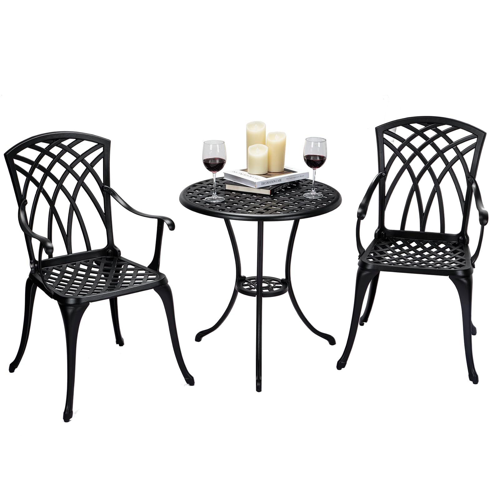 3 Piece Bistro Set - Durable Cast Aluminum Outdoor Table and Chairs with Umbrella Hole - Weather-Resistant Patio Furniture for Balcony, Backyard, Garden - Perfect for Outdoor Dining, Coffee Break and Relaxing (Black)