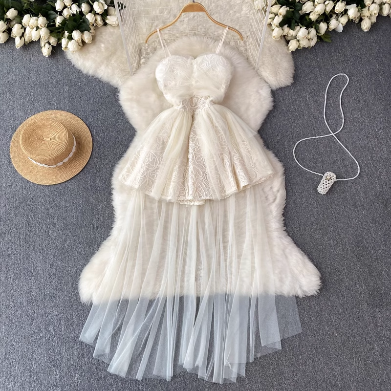 Lace Mesh Fluffy Summer Spaghetti Strap Dress for Women - Elegant Party, Wedding Guest, Beach Vacation Outfit
