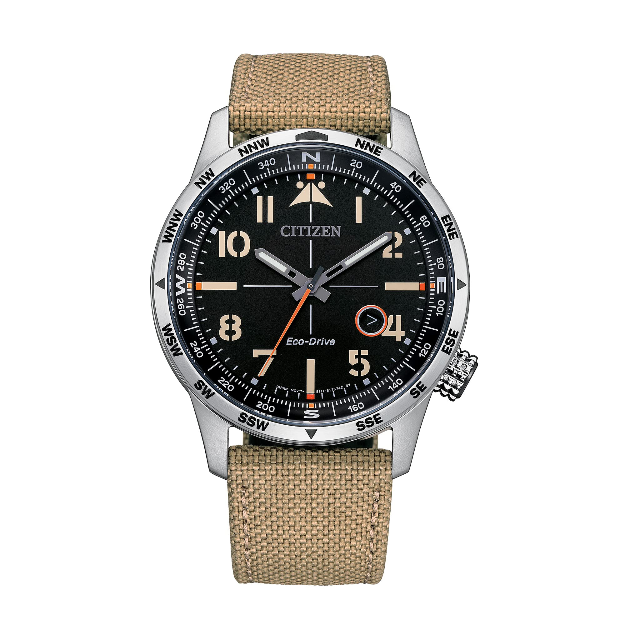 Citizen Men's Eco-Drive Weekender Avion Field Watch - Stainless Steel Case with Khaki Nylon Strap, Black Dial (Model: BM7550-01E) | Solar Powered, Water Resistant, Military Style Watch for Outdoor Adventures, Travel & Everyday Wear