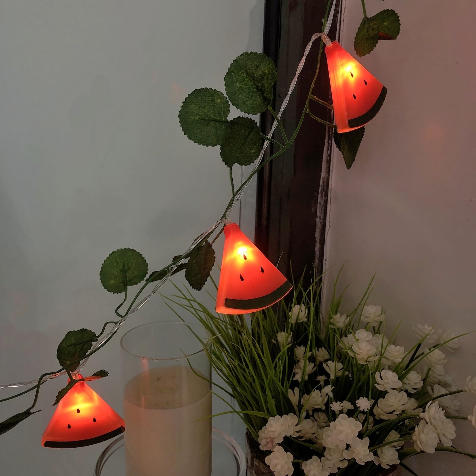 20 LED Watermelon String Lights Battery Powered - 19.7ft Fairy Lights for Wedding, Home, Birthday, Christmas Decorations (40 LED, Watermelon with Leaf) - Perfect for Indoor Outdoor Parties, Garden, Patio & Bedroom Decor