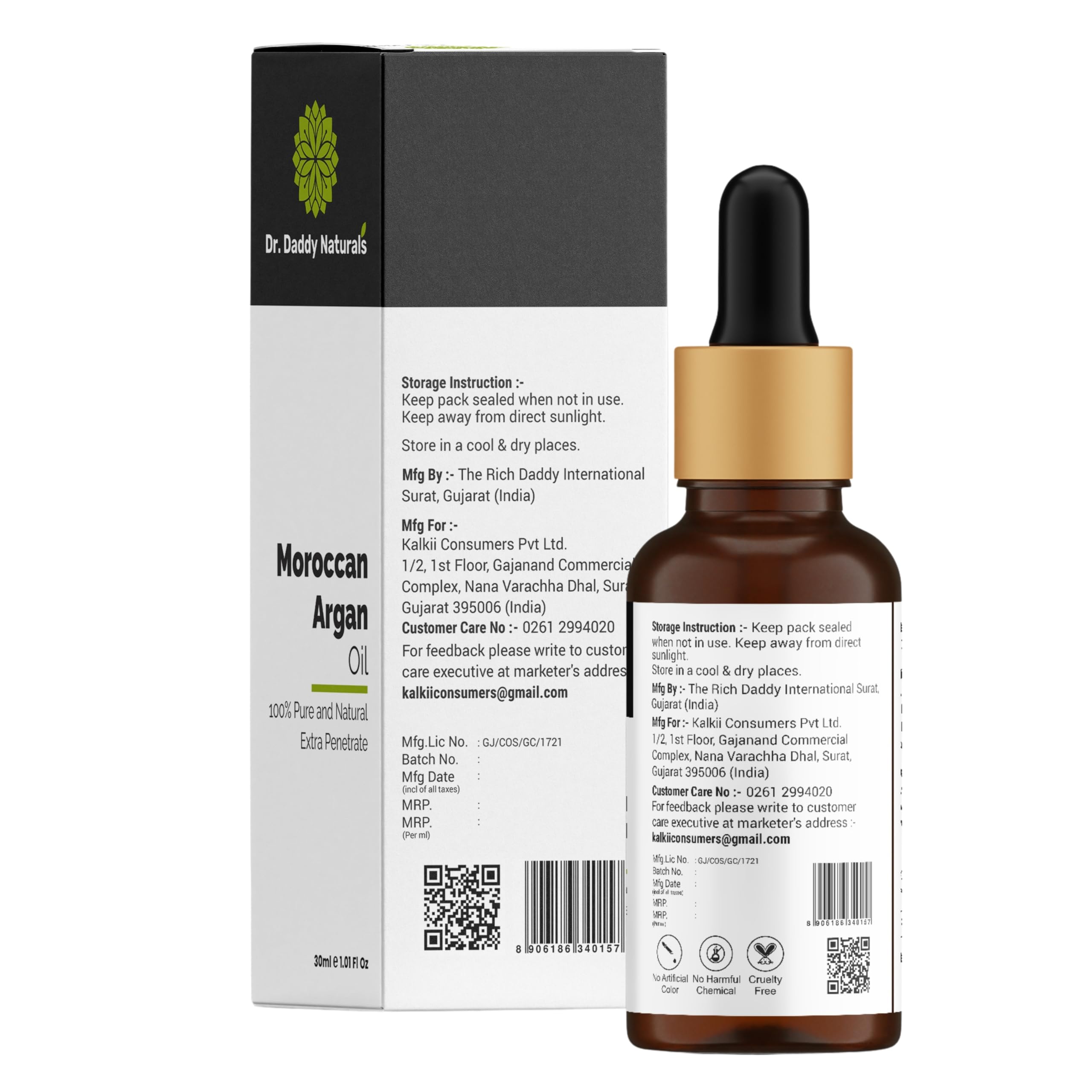 Dr. Daddy Naturals 100% Pure Organic Cold Pressed Moroccan Argan Oil for Hair, Face & Skin - Frizz Control, Daily Nourishment, Stronger Hair Growth - 30ml | Perfect for Dry Hair Treatment, Skin Hydration & Anti-Aging Care