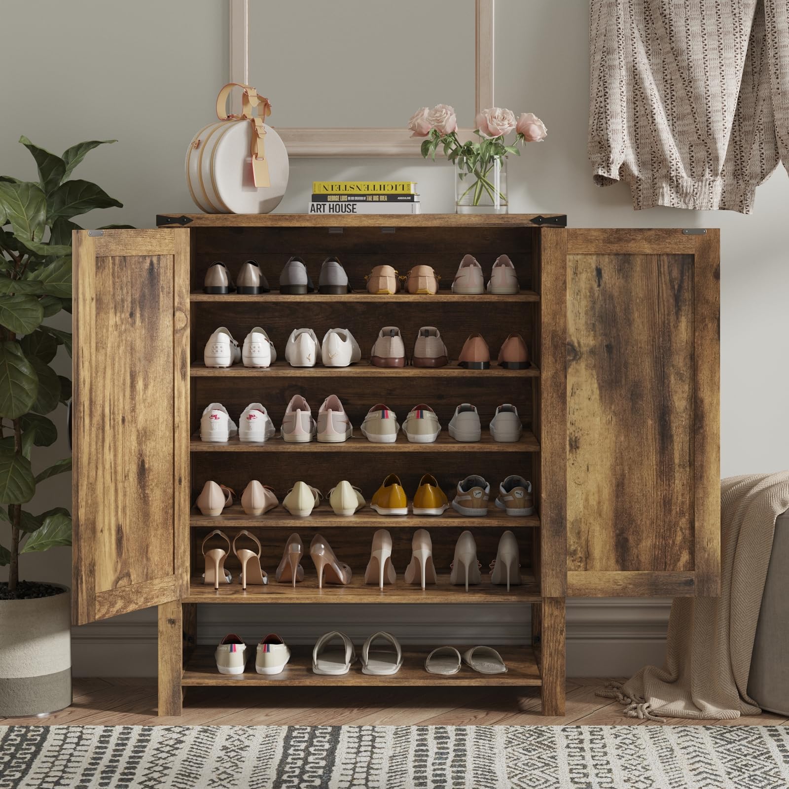 Maupvit 6-Tier Wooden Shoe Cabinet with Doors - Adjustable Shelves Farmhouse Shoe Storage Organizer for Entryway, Hallway, Living Room - Perfect for Small Spaces & Shoe Collection Organization (Brown)