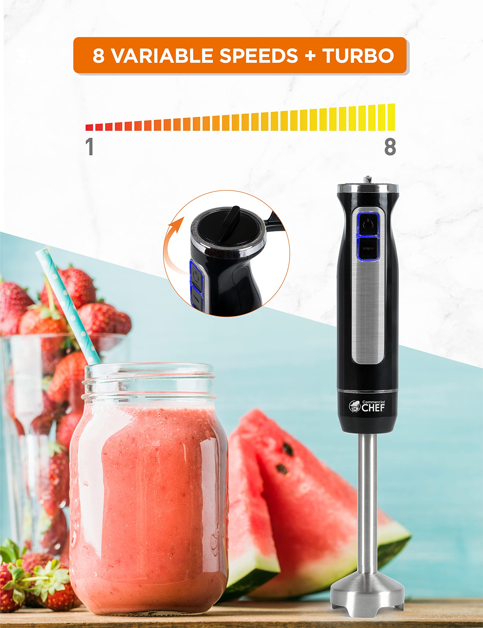 Commercial Chef Immersion Blender - 8-Speed Stainless Steel Hand Blender for Smoothies, Soups & Baking | Multi-Purpose Handheld Mixer for Kitchen, Restaurant & Catering Use