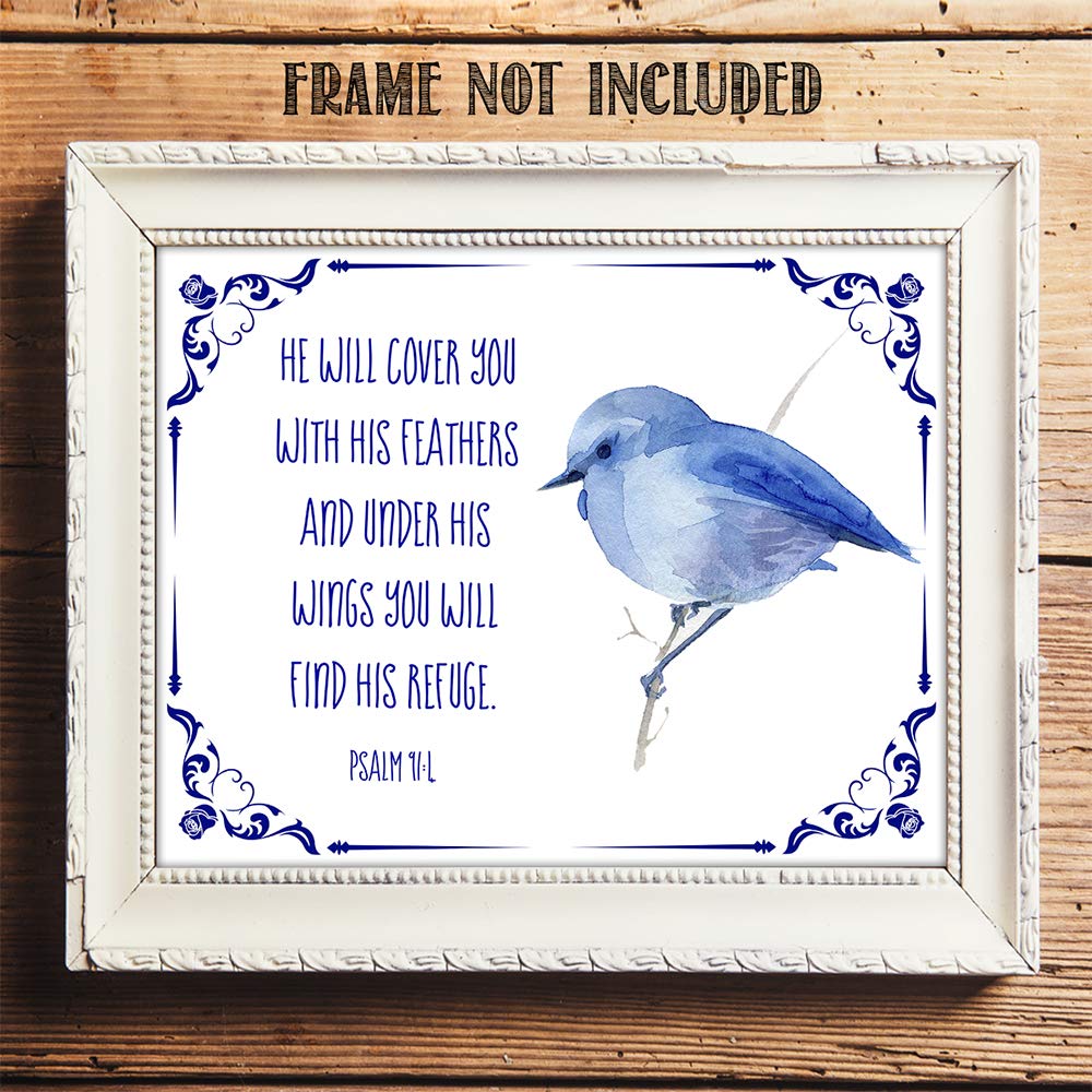 Psalm 91:4 Bible Verse Wall Print - 11x14 Watercolor Art - Inspirational Home Decor & Gift