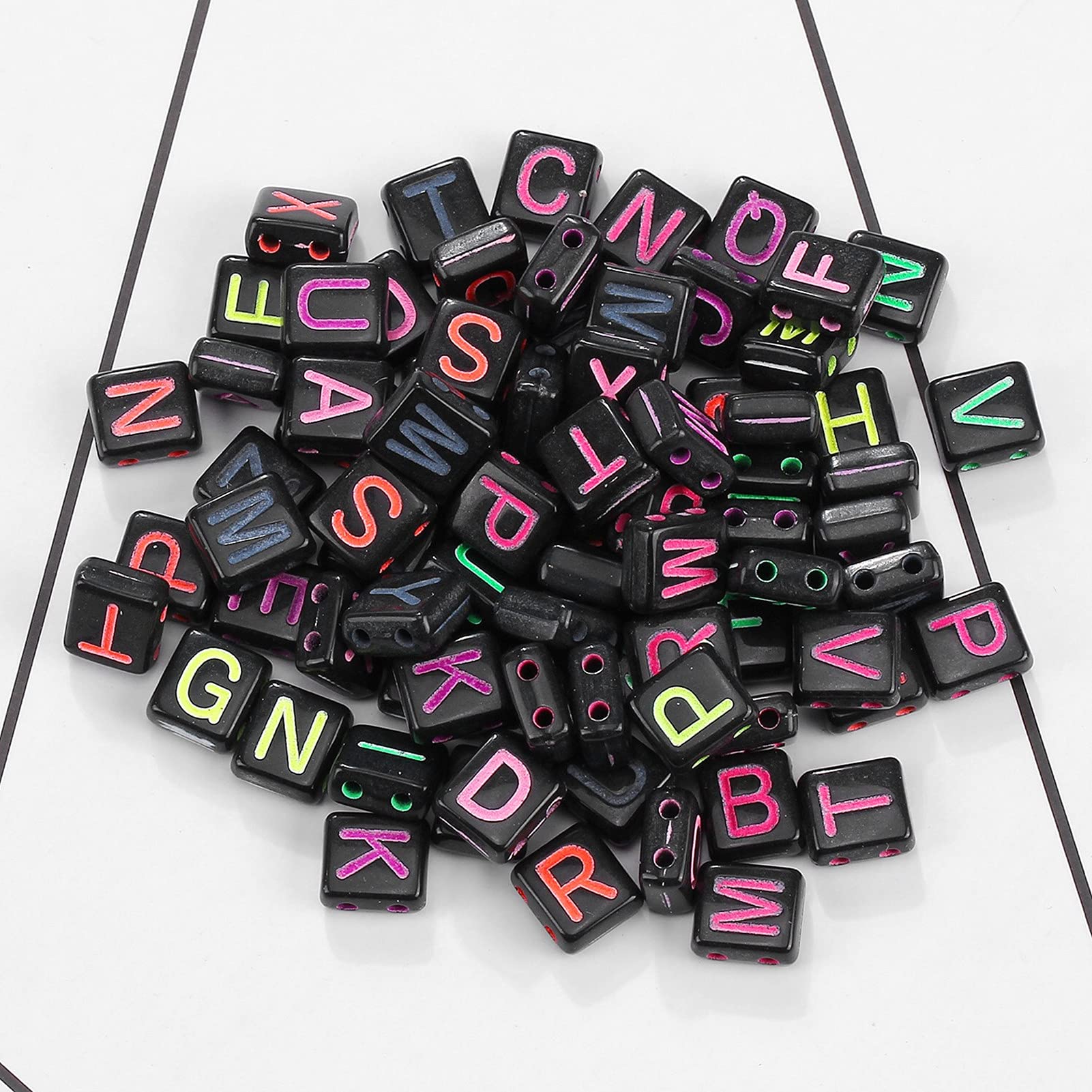 1200pcs Black Acrylic Alphabet Letter Beads 9mm Square - A-Z Colorful Pattern 2-Hole Spacer Charms for DIY Jewelry Making, Necklace & Bracelet Crafting - Perfect for Kids Crafts, Scrapbooking & Personalized Gifts