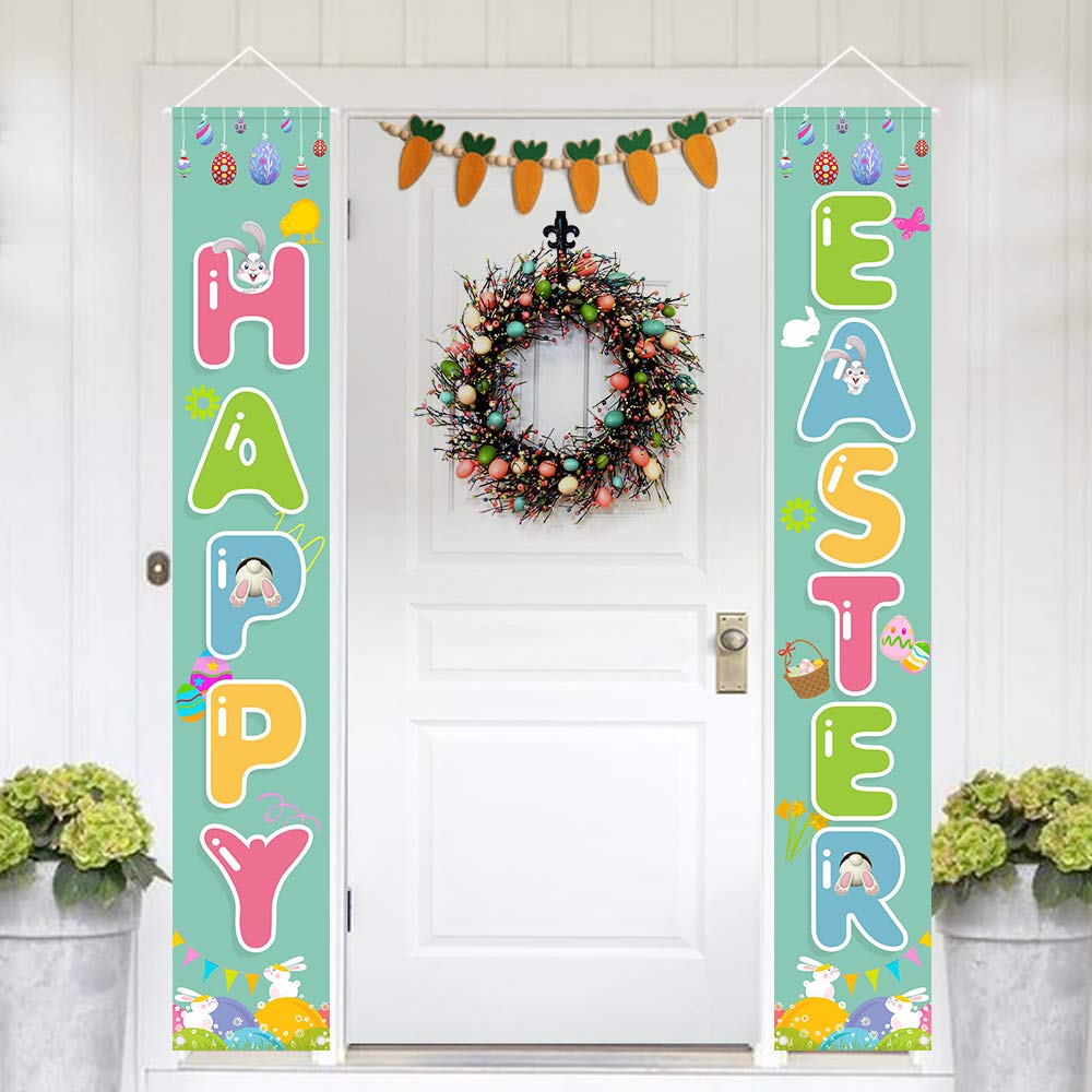 Happy Easter Porch Sign with Bunny & Egg Decor - Spring Welcome Sign for Indoor & Outdoor Decorations - Perfect for Easter Party, Home, Porch & Garden Decor