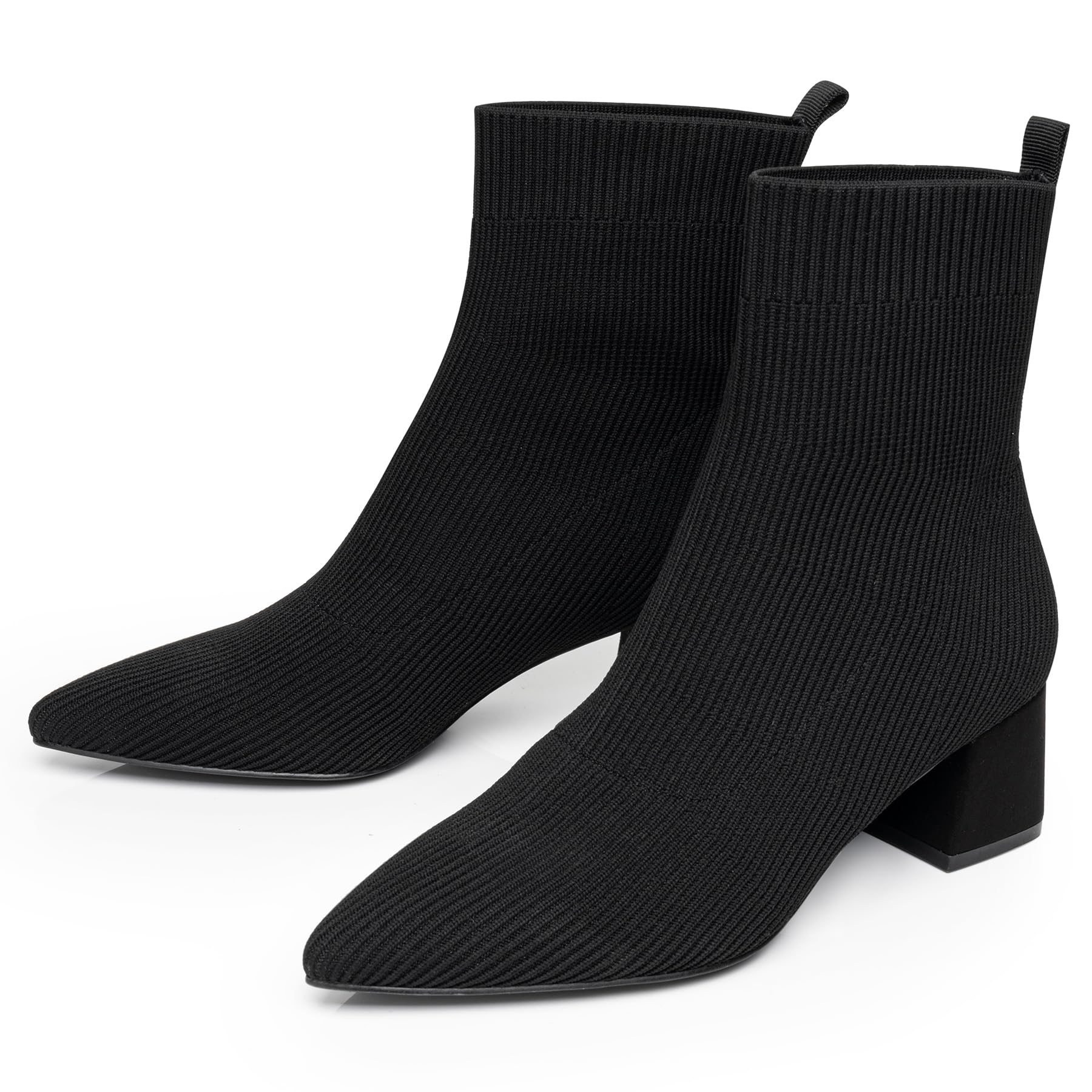 Trary Women's Chunky Heel Pointed Toe Ankle Boots - Knit Sock Booties Slip On Shoes for Fall & Winter - Perfect for Office, Date Night & Casual Outfits