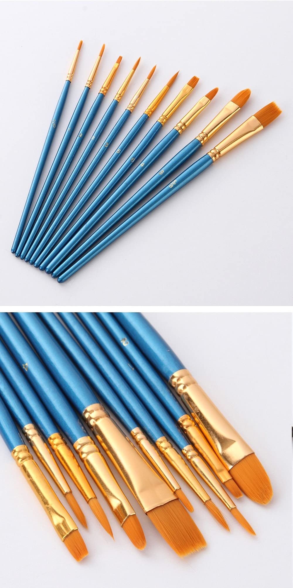 10-Piece Acrylic Paint Brush Set - Round Pointed Tip Nylon Hair Brushes for Oil, Watercolor, Face & Nail Art - Perfect for Miniature Detailing, Rock Painting & Canvas Art - Ideal for Artists, Adults & Kids (Black)