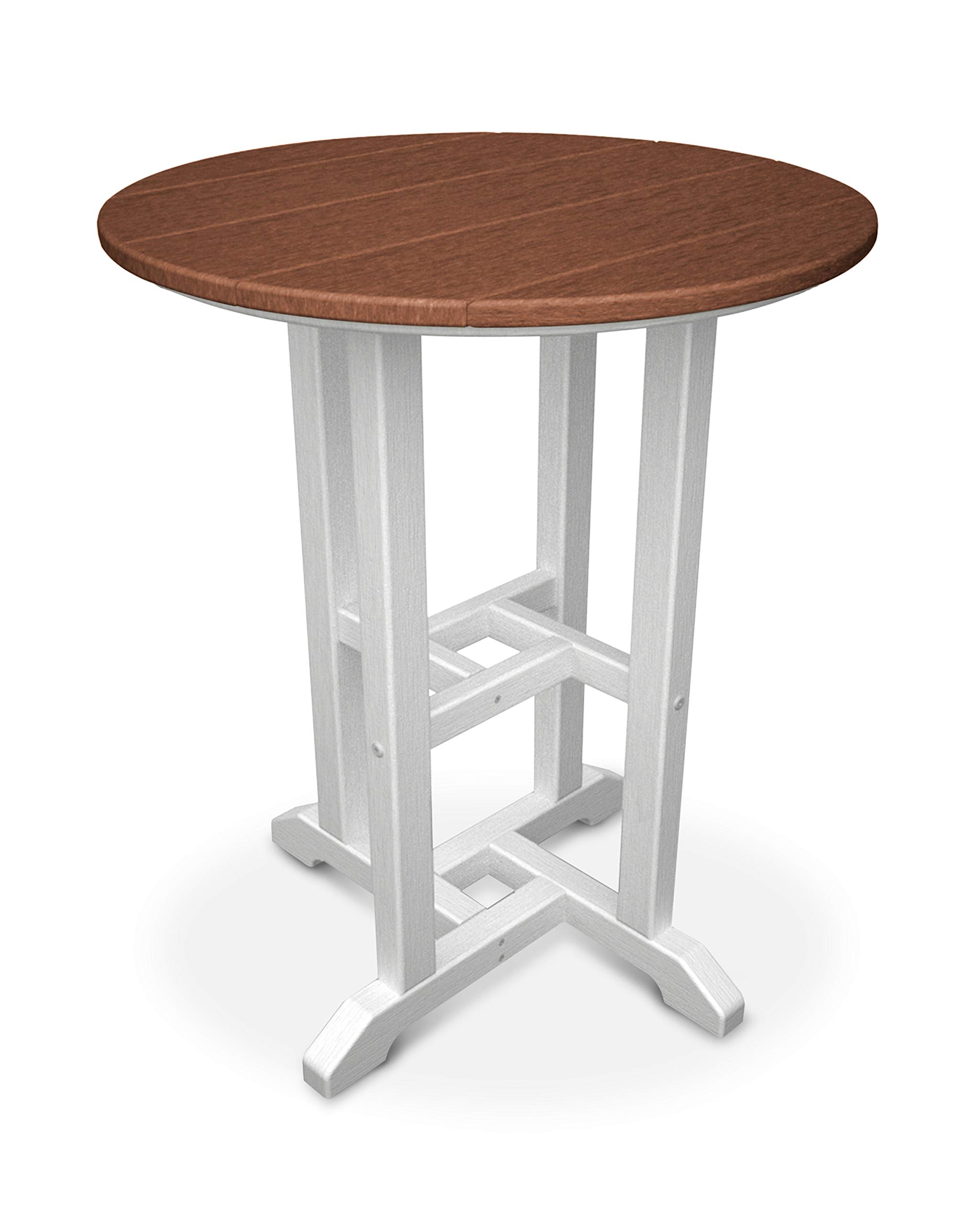 POLYWOOD RT224FWHTE 24-Inch Round Outdoor Dining Table - White Frame with Teak Top - Weather-Resistant Patio Furniture for Backyard, Poolside & Garden Dining