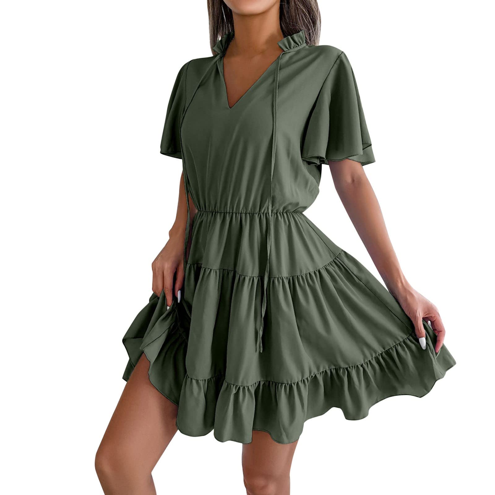 Women's Summer Swing Mini Dress - Tie Front V-Neck Short Sleeve Ruffled Layered Short Dress with Puff Sleeves | Casual Outfit for Beach, Party & Date Night
