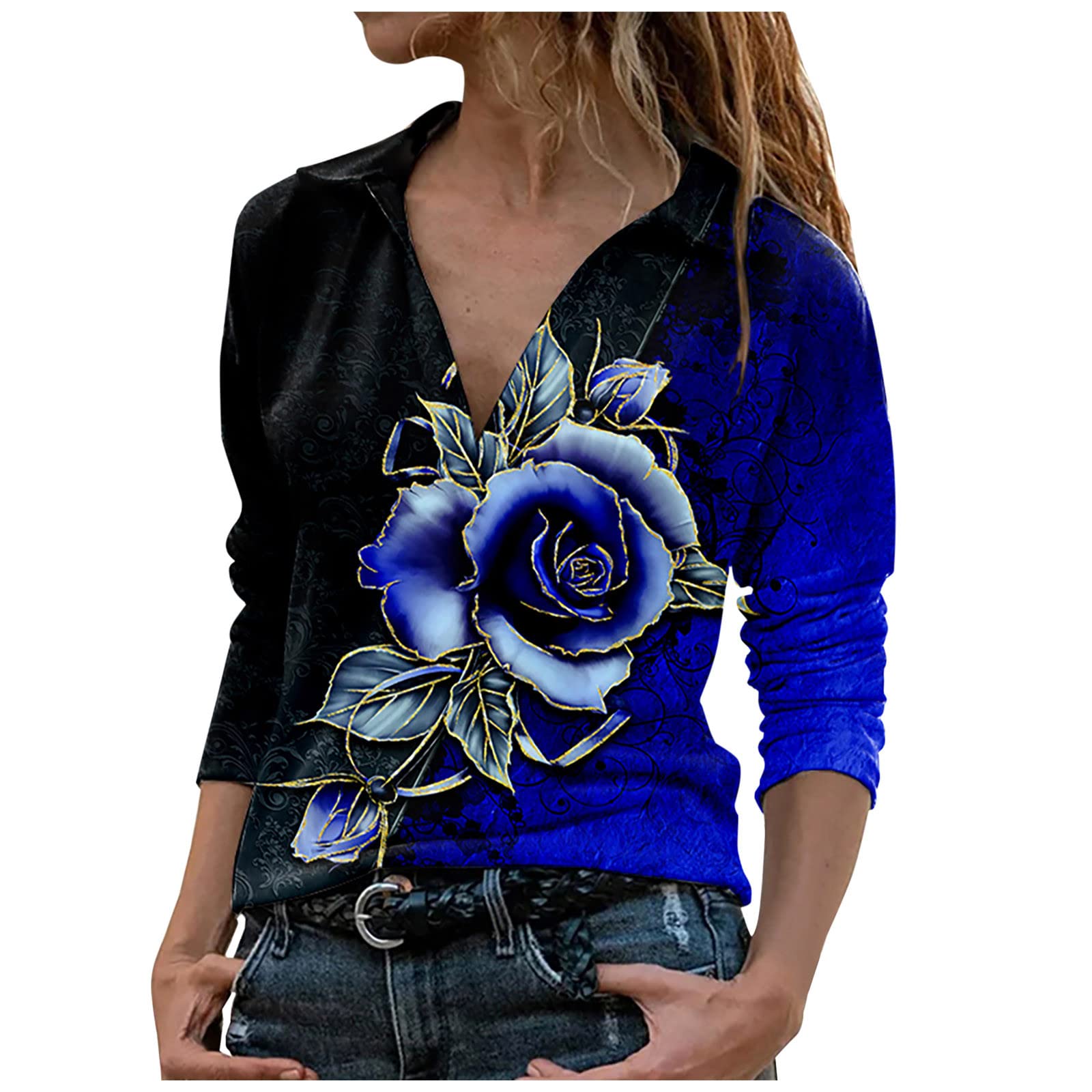 Women's Long Sleeve V-Neck Collared Blouse - Colorful Printed Office Casual Top | Trendy Work Shirt for Business, Date Night & Spring Outfits 2023