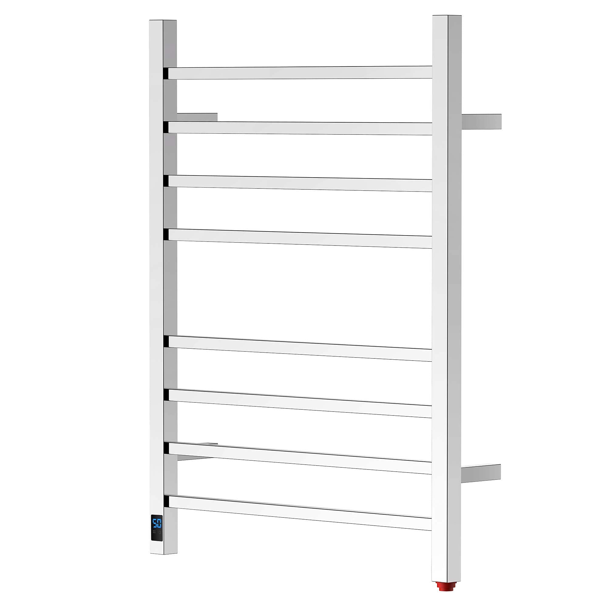 HEATGENE Electric Towel Warmer with Timer & Temperature Control - 8 Square Bar Wall-Mounted Towel Rack for Bathroom (Plug-in/Hardwired) - Mirror Polish Finish - Perfect for Spa, Luxury Hotels & Home Use