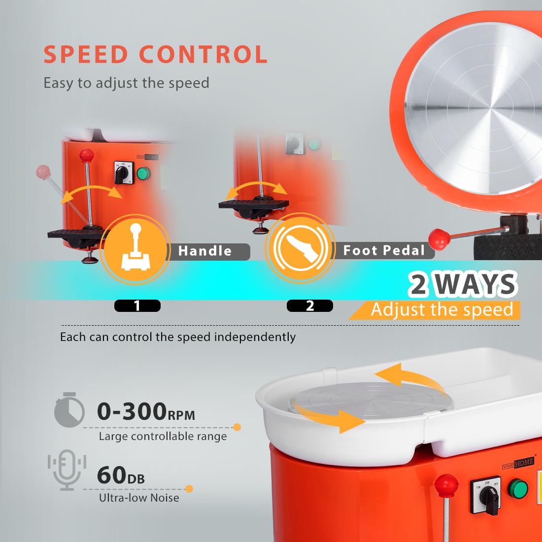 VIVOHOME 25CM 350W Electric Pottery Wheel with Foot Pedal & Detachable Basin - DIY Clay Tool for Ceramic Art, Pottery Making, Sculpting - Perfect for Beginners, Artists & Classroom Use (Orange)