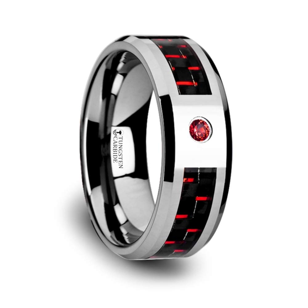 ADRIAN 8mm Comfort Fit Tungsten Carbide Men's Wedding Band Ring with Black & Red Carbon Fiber Inlay & Lab-Created Red Ruby - Bezel Set, Beveled Edges - Perfect for Anniversaries, Engagements & Formal Occasions